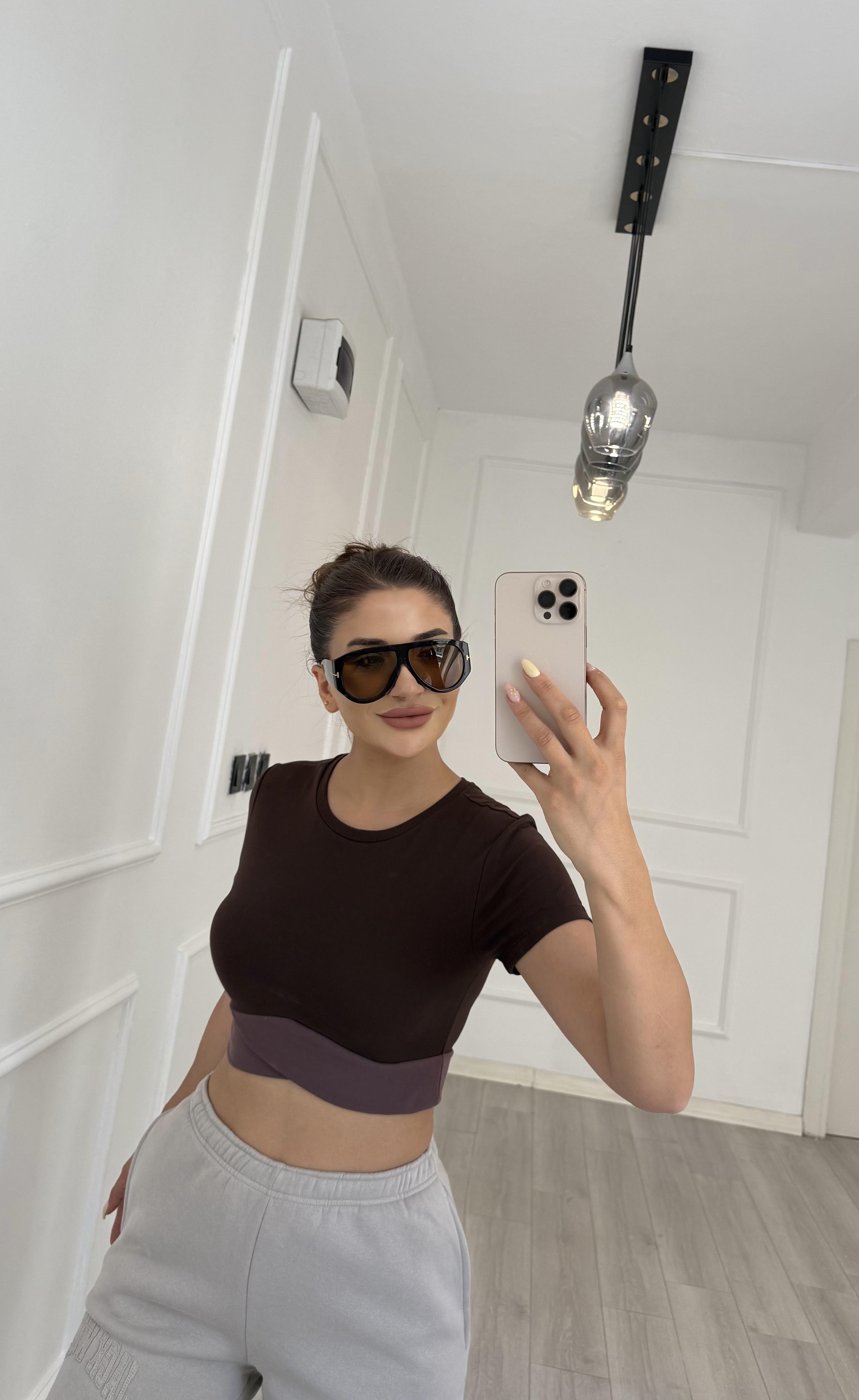 Kısa Kol Bisiklet Sporcu Crop Top -KAHVE