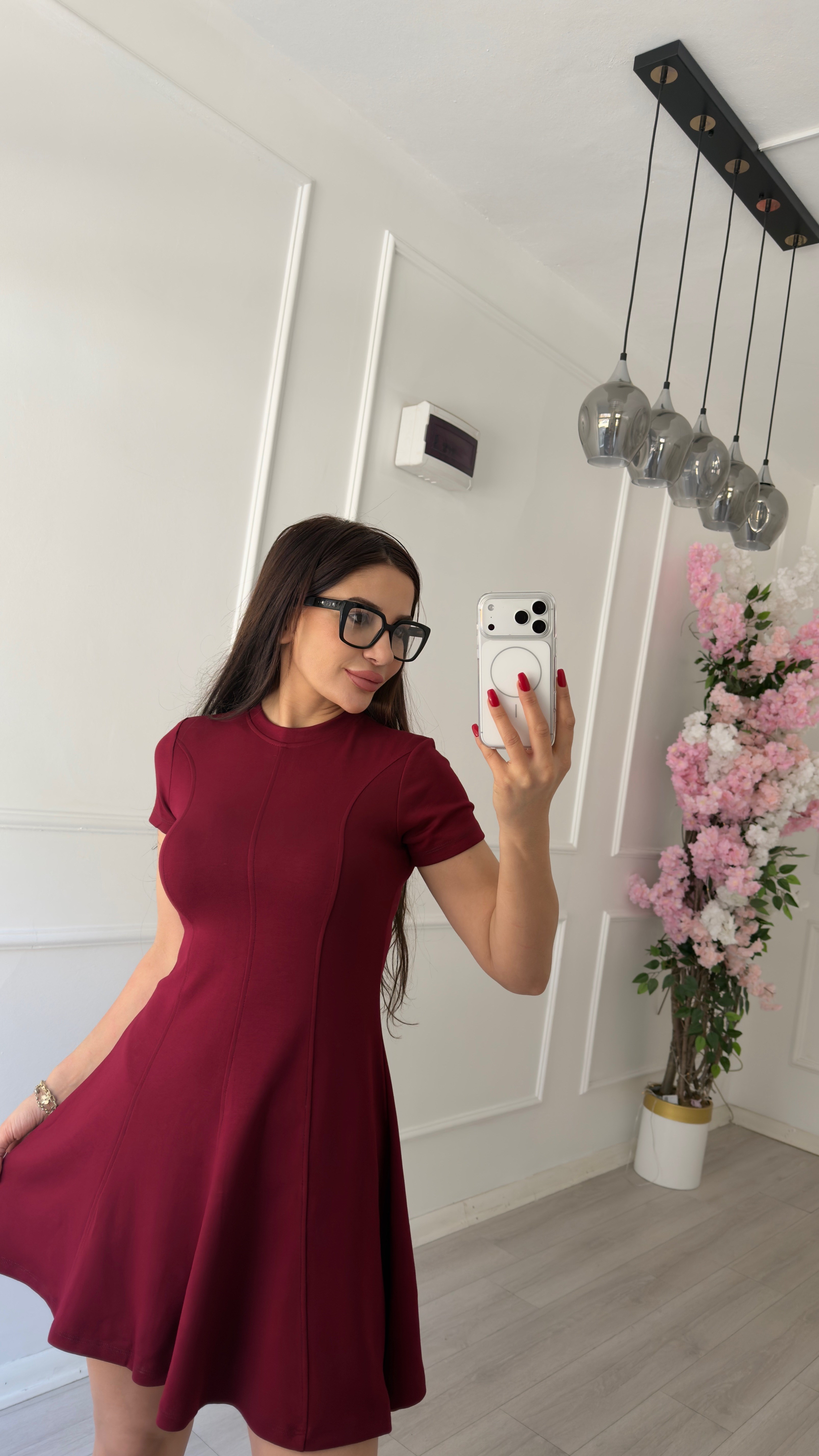 Kloş Bordo Kısa Elbise