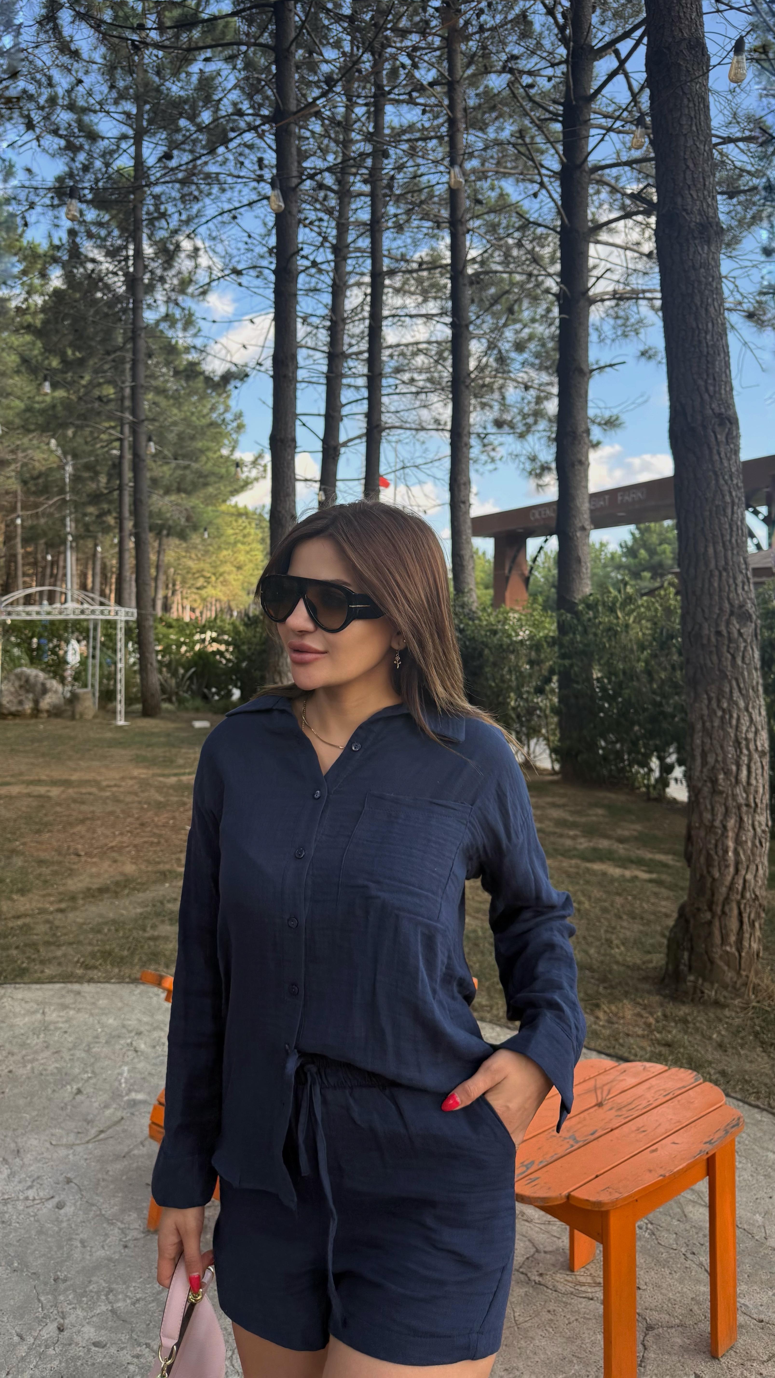 Lacivert Müslin Kumaş Rahat Kesim Gömlek Şort İkili Takım