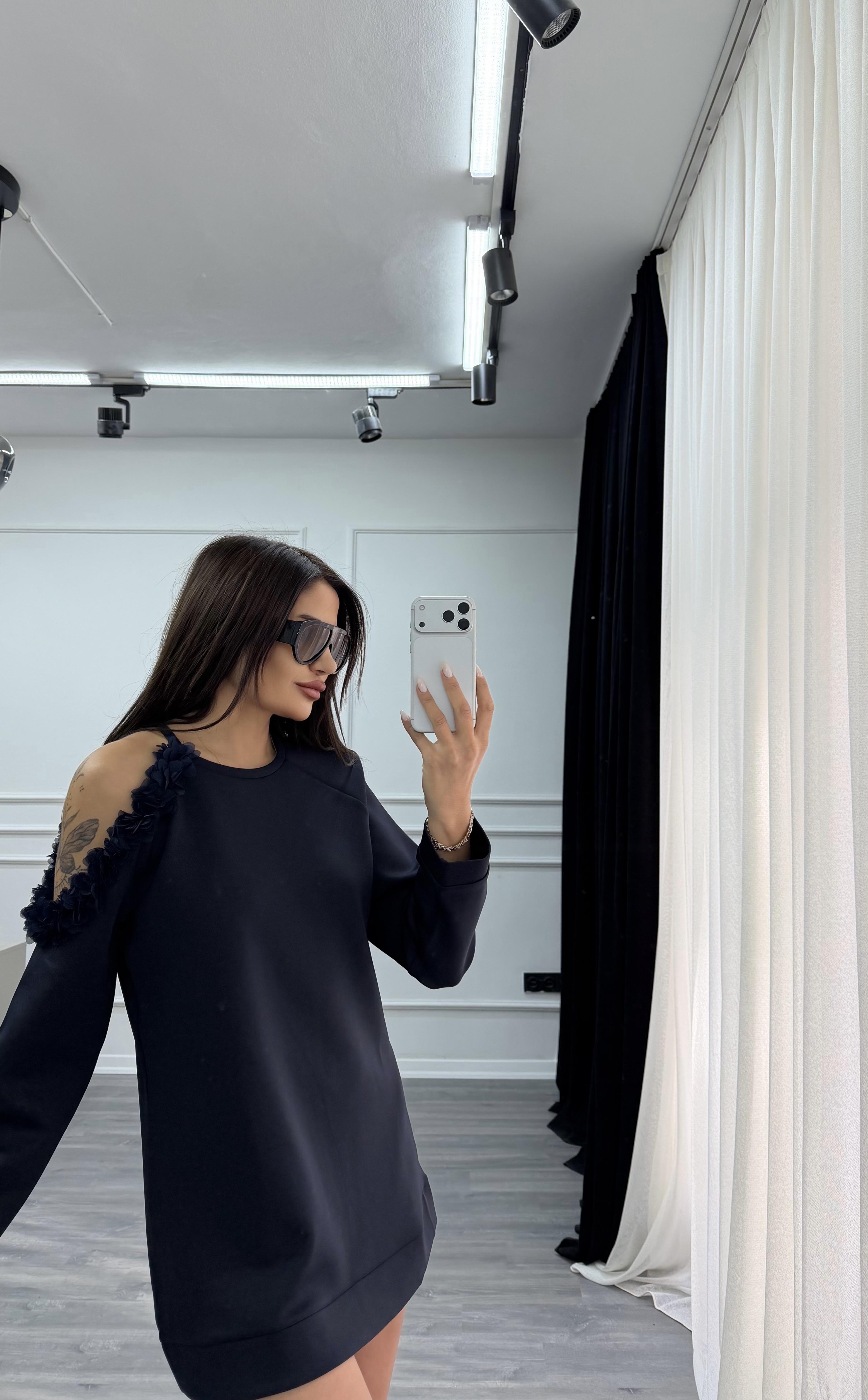 Lacivert Omuz Dekolte Gül Detaylı Sweat Elbise