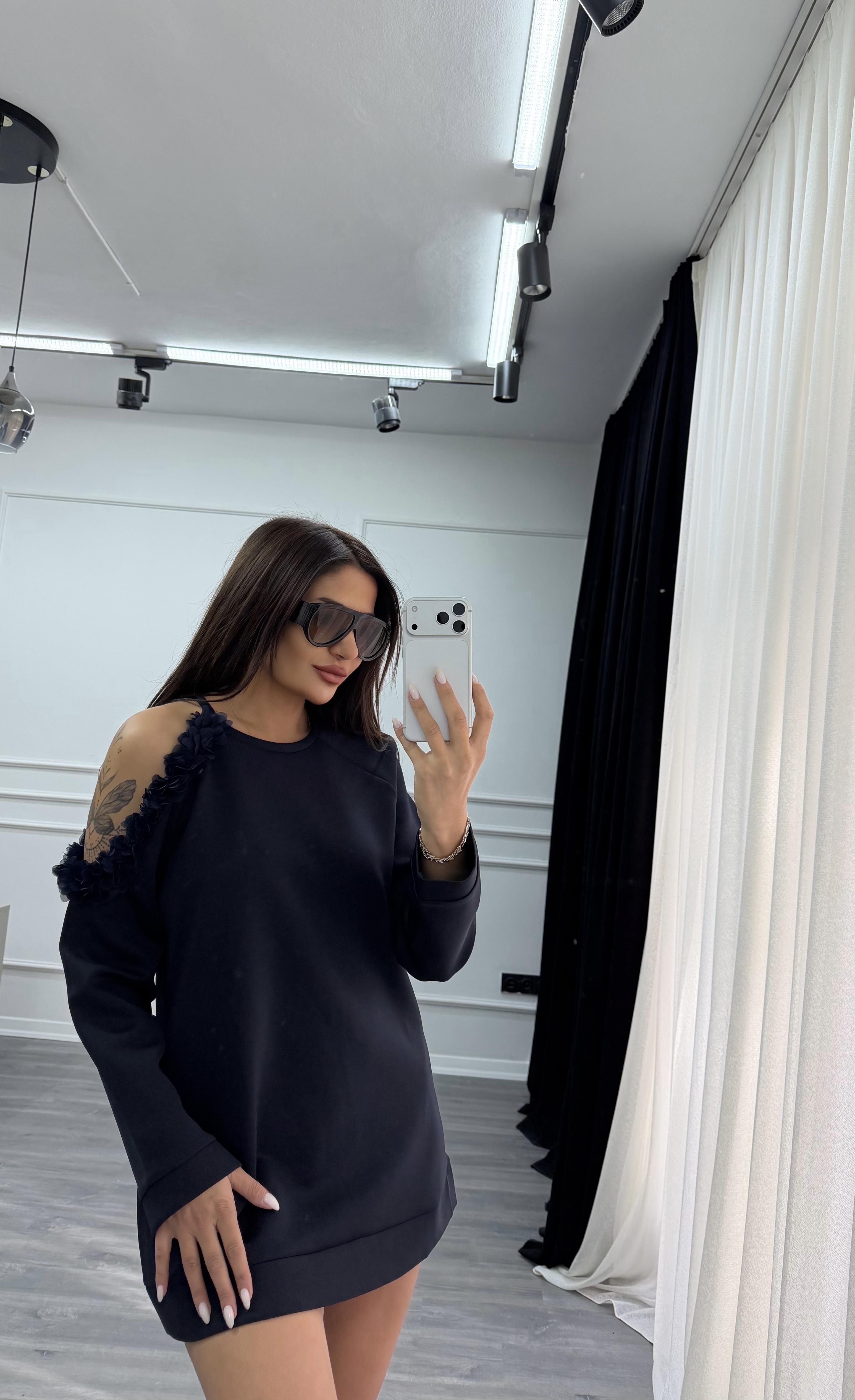 Lacivert Omuz Dekolte Gül Detaylı Sweat Elbise