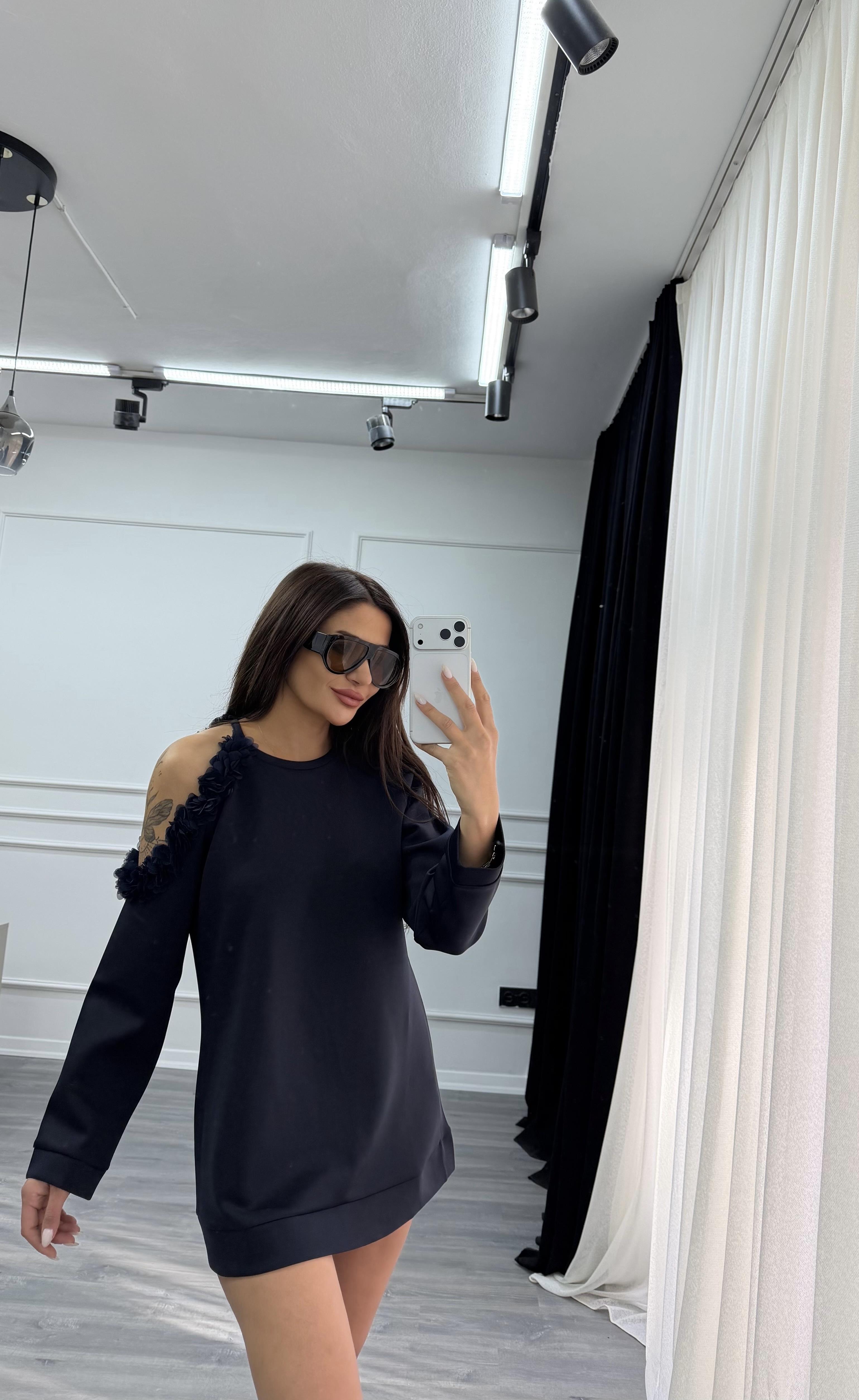 Lacivert Omuz Dekolte Gül Detaylı Sweat Elbise