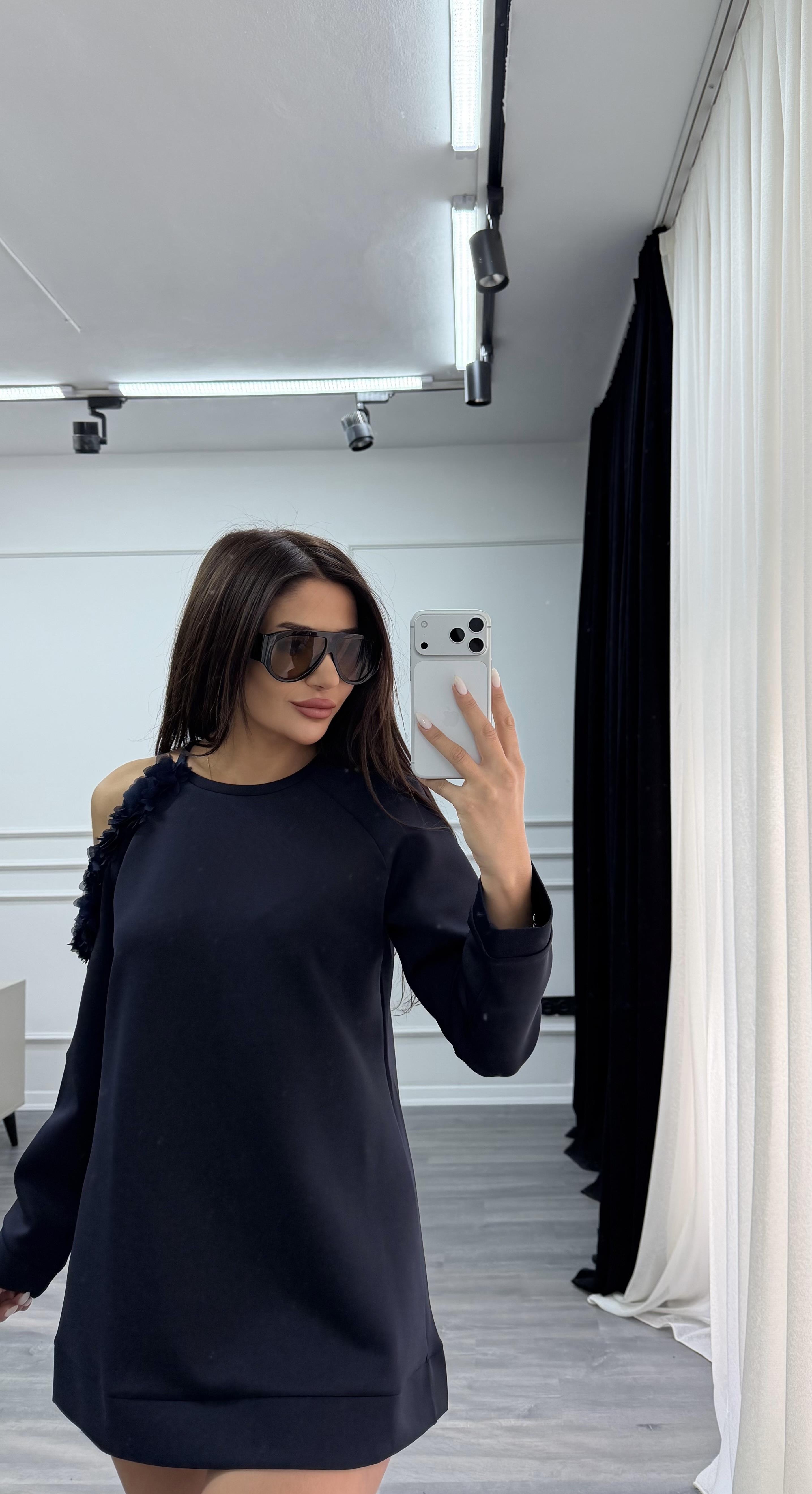 Lacivert Omuz Dekolte Gül Detaylı Sweat Elbise