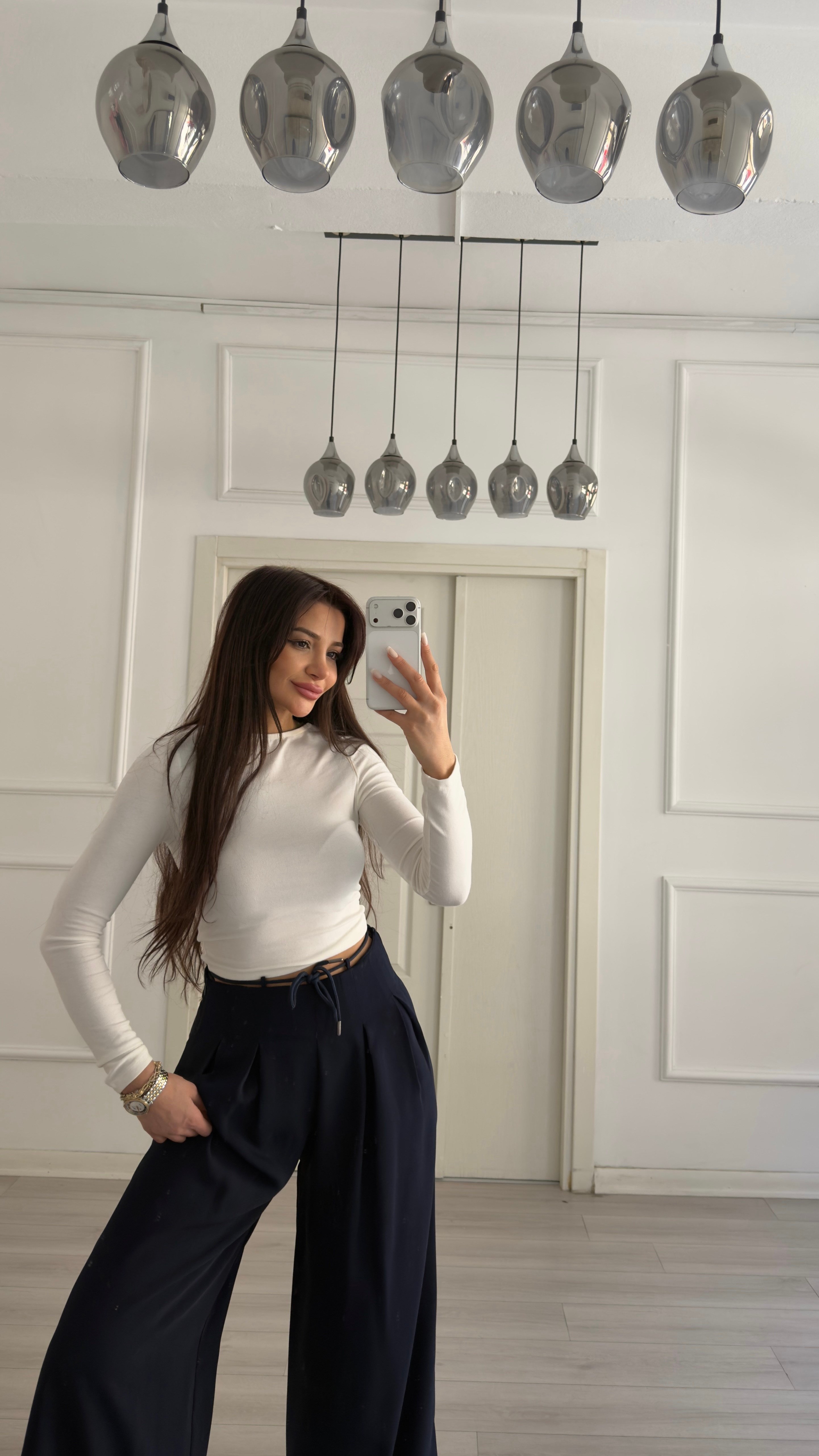 Lacivert Pile Detaylı Kemerli Bol Paça Pantolon 