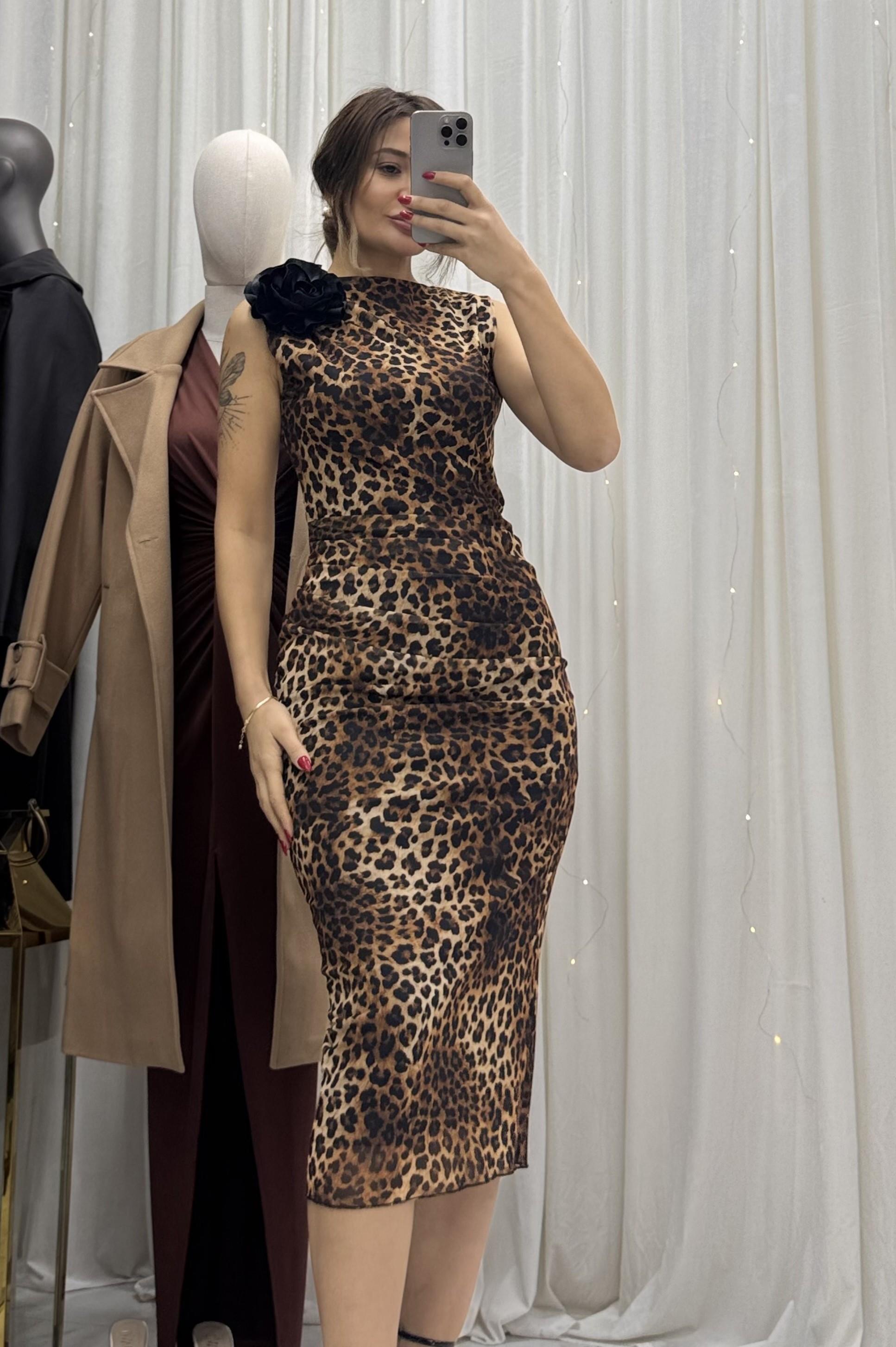 Leopar Desen Broşlu Astarlı Premium Tül Elbise
