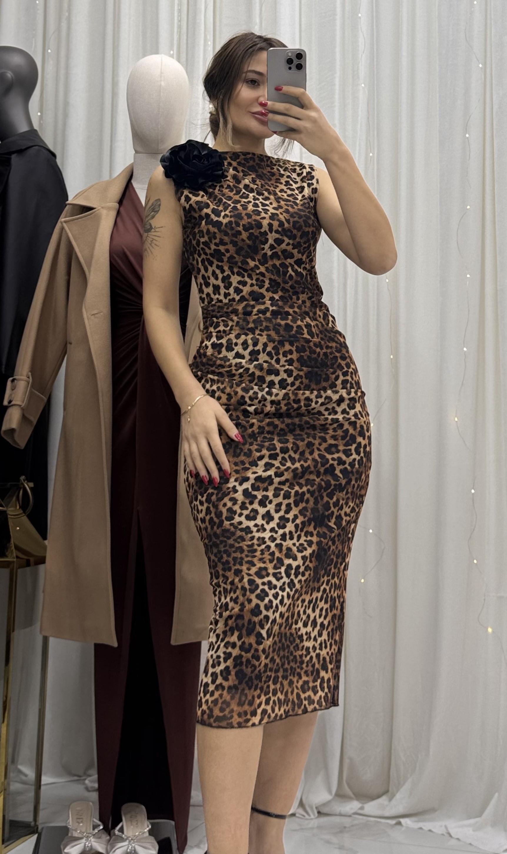 Leopar Desen Broşlu Astarlı Premium Tül Elbise