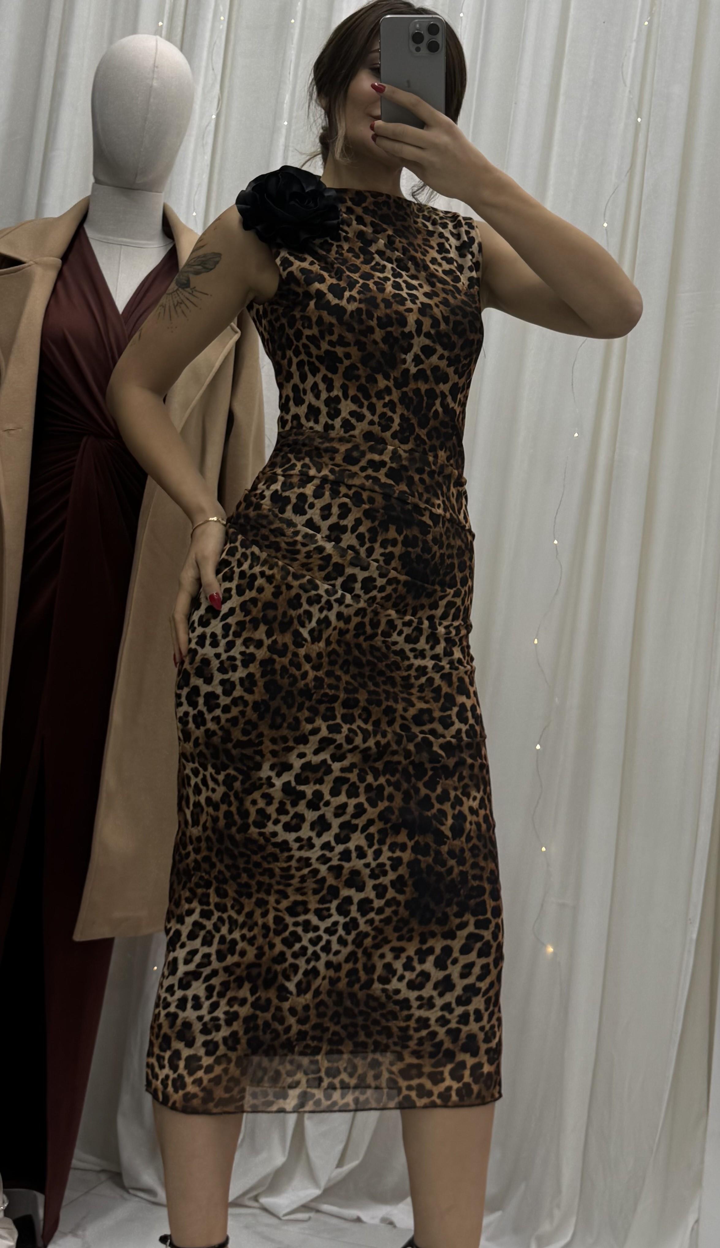 Leopar Desen Broşlu Astarlı Premium Tül Elbise