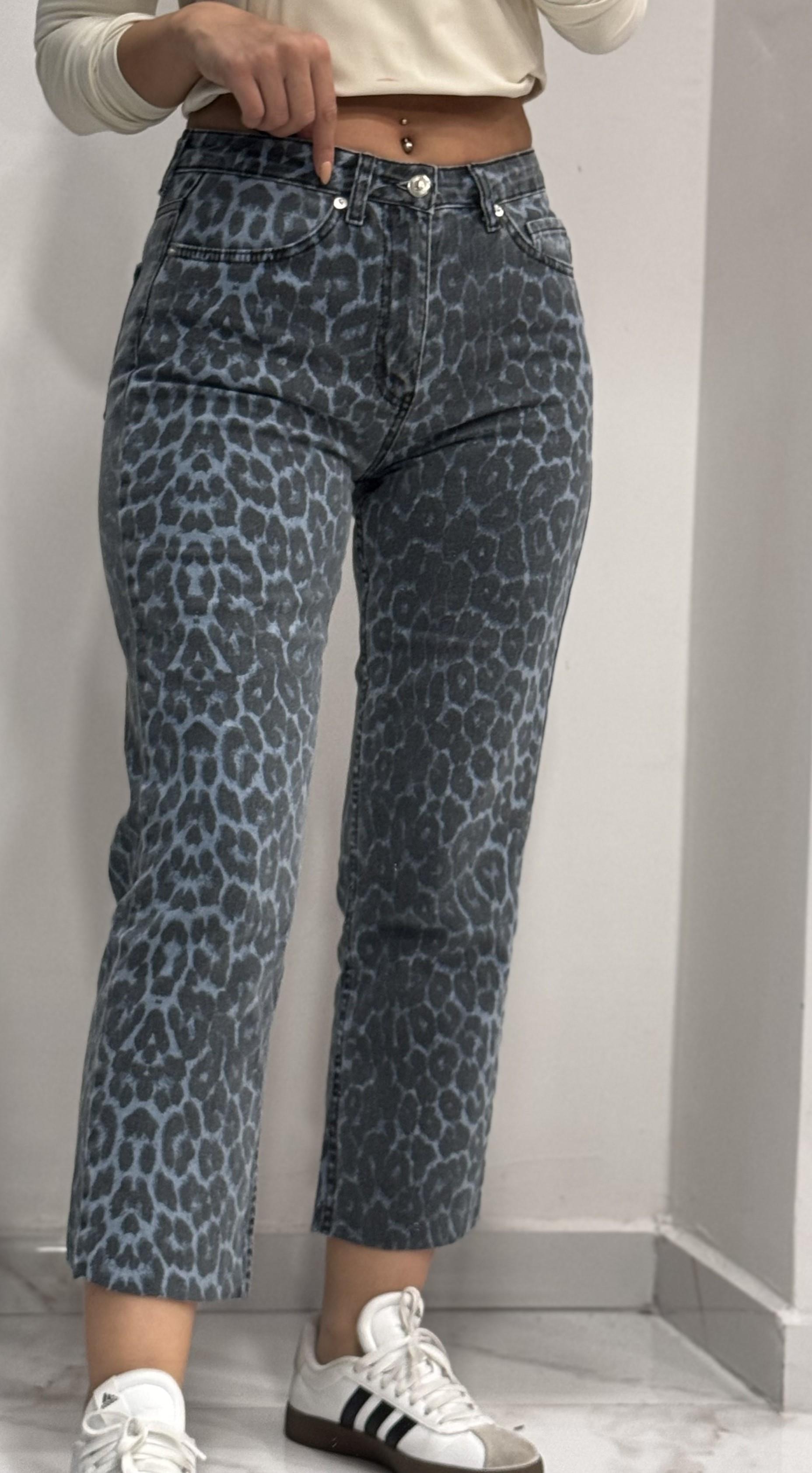 Leopar  Desenli Kesik Jean-Mavi