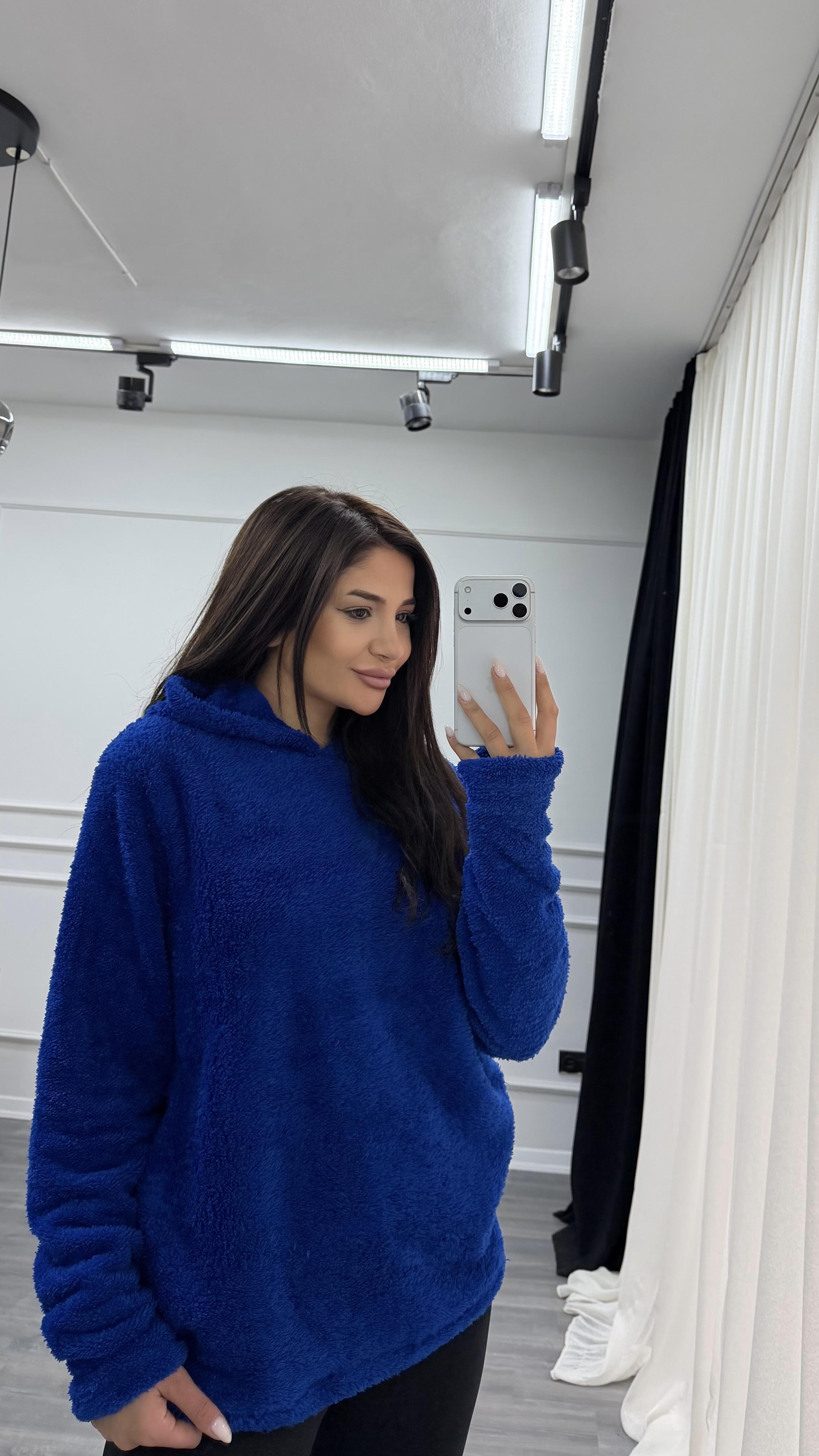 Mavi Kapüşonlu Yumoş Oversize Peluş Sweatshirt