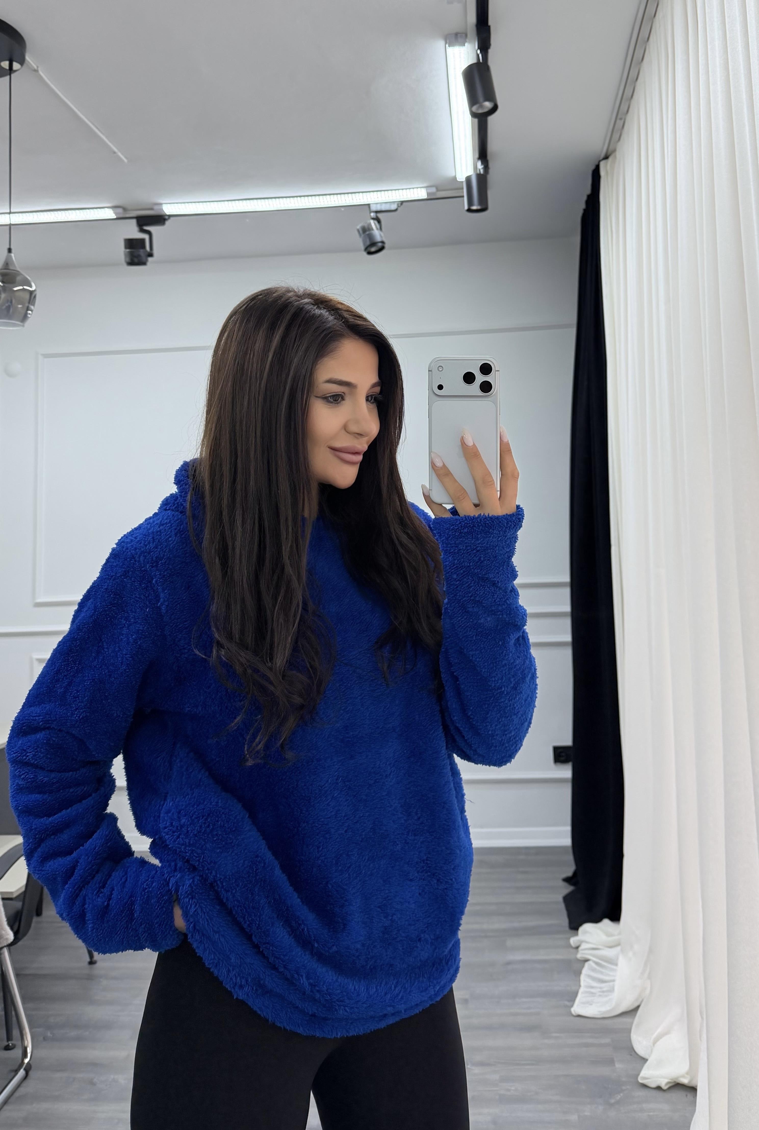 Mavi Kapüşonlu Yumoş Oversize Peluş Sweatshirt
