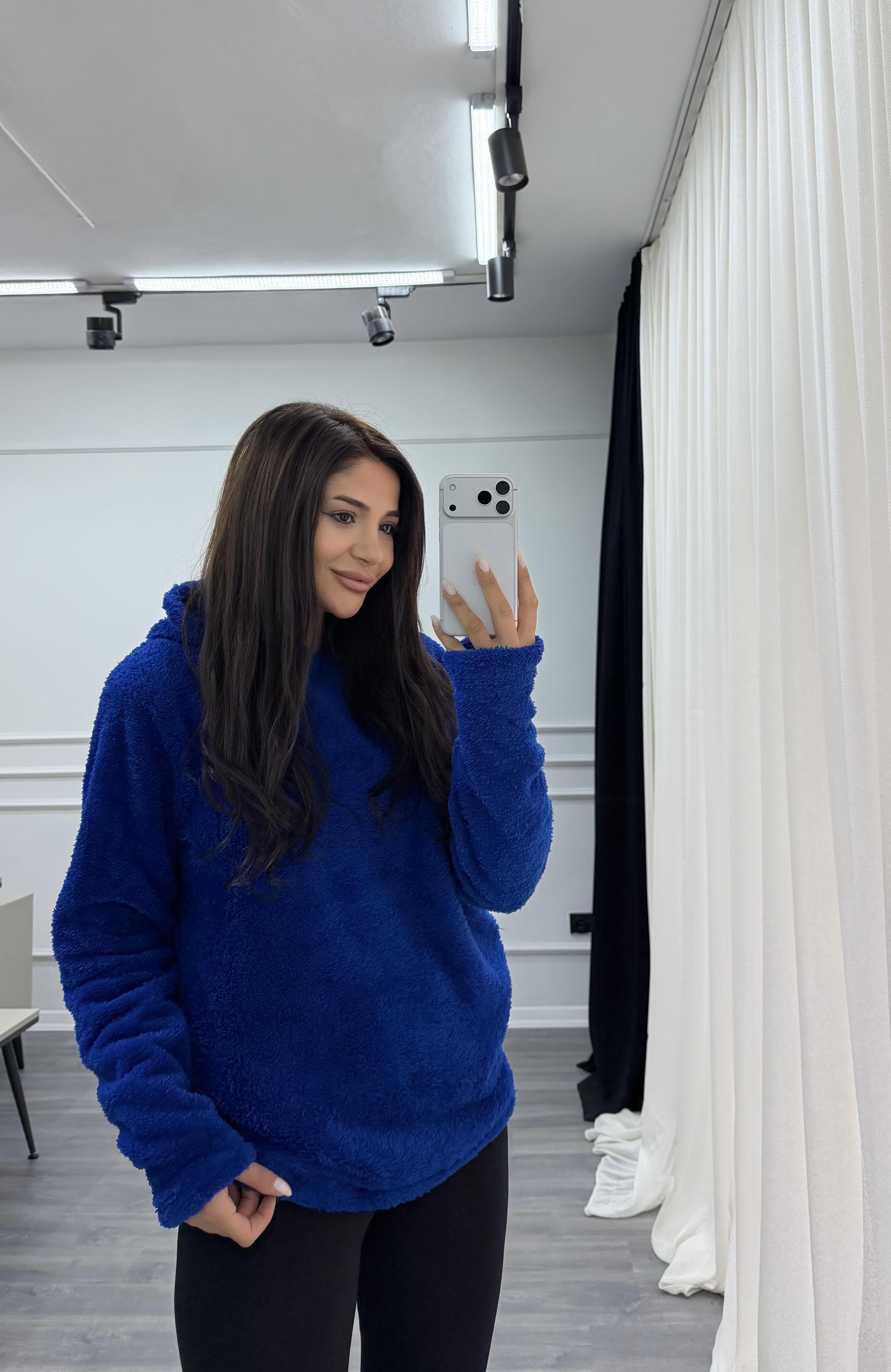 Mavi Kapüşonlu Yumoş Oversize Peluş Sweatshirt
