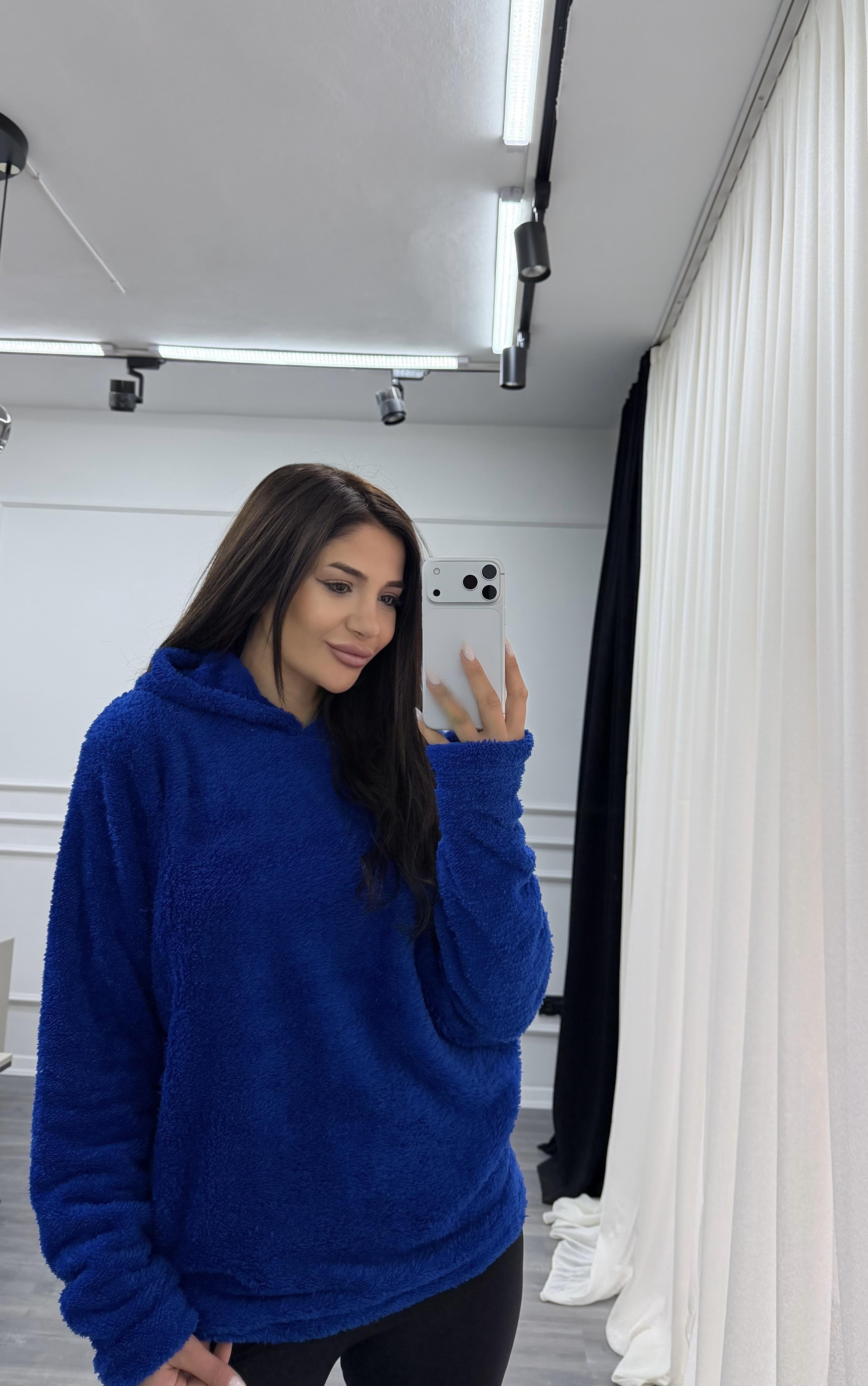 Mavi Kapüşonlu Yumoş Oversize Peluş Sweatshirt