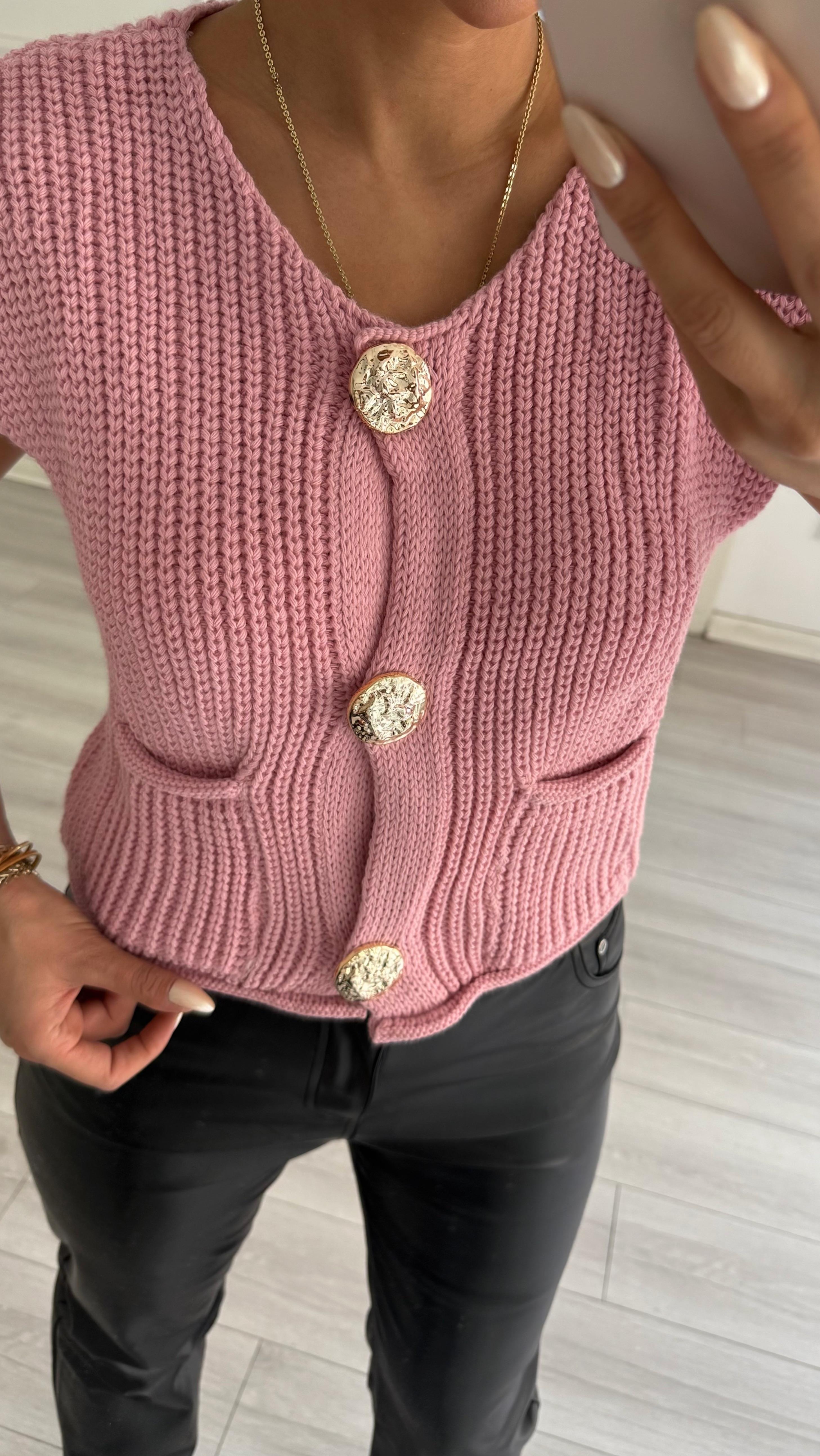 Gold Düğme Elit Triko Yelek Pembe