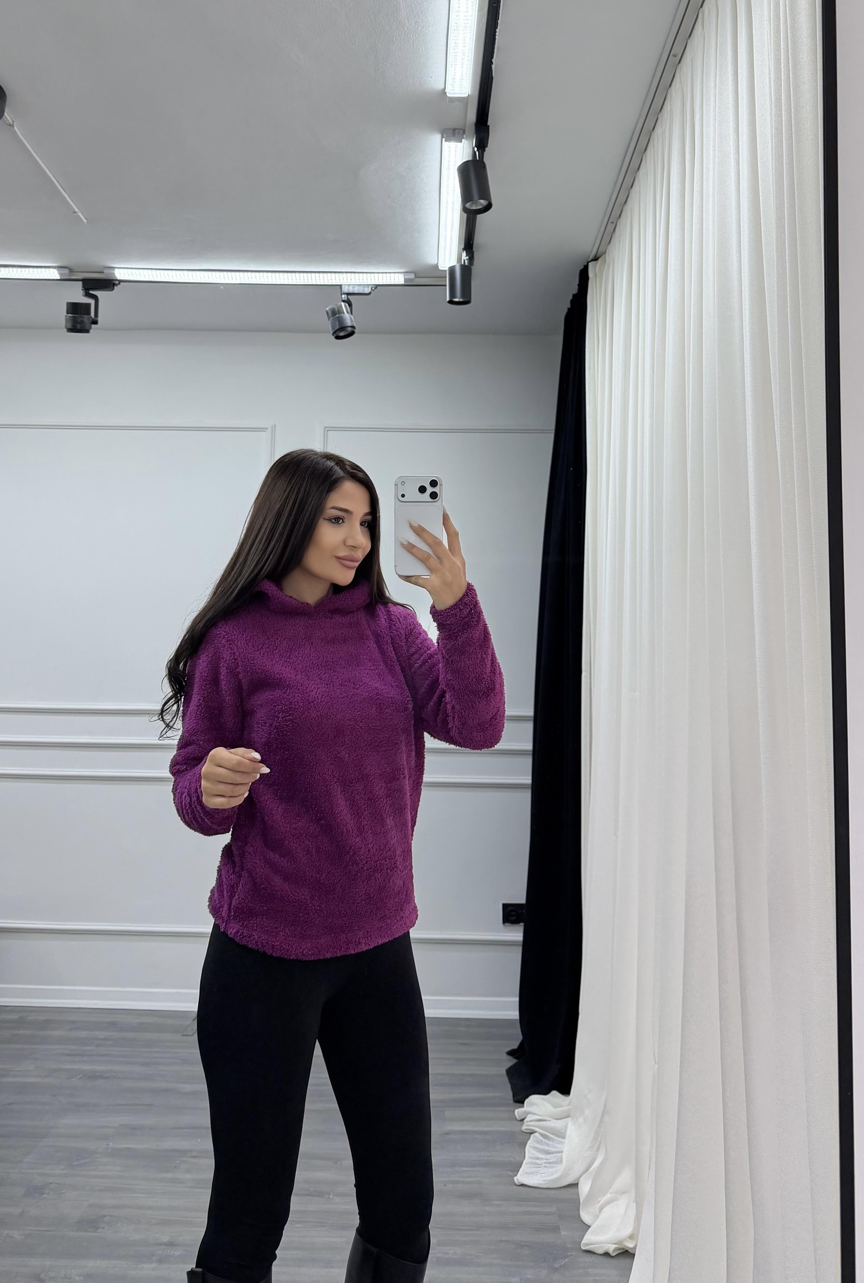 Mürdüm Kapüşonlu Yumoş Oversize Peluş Sweatshirt