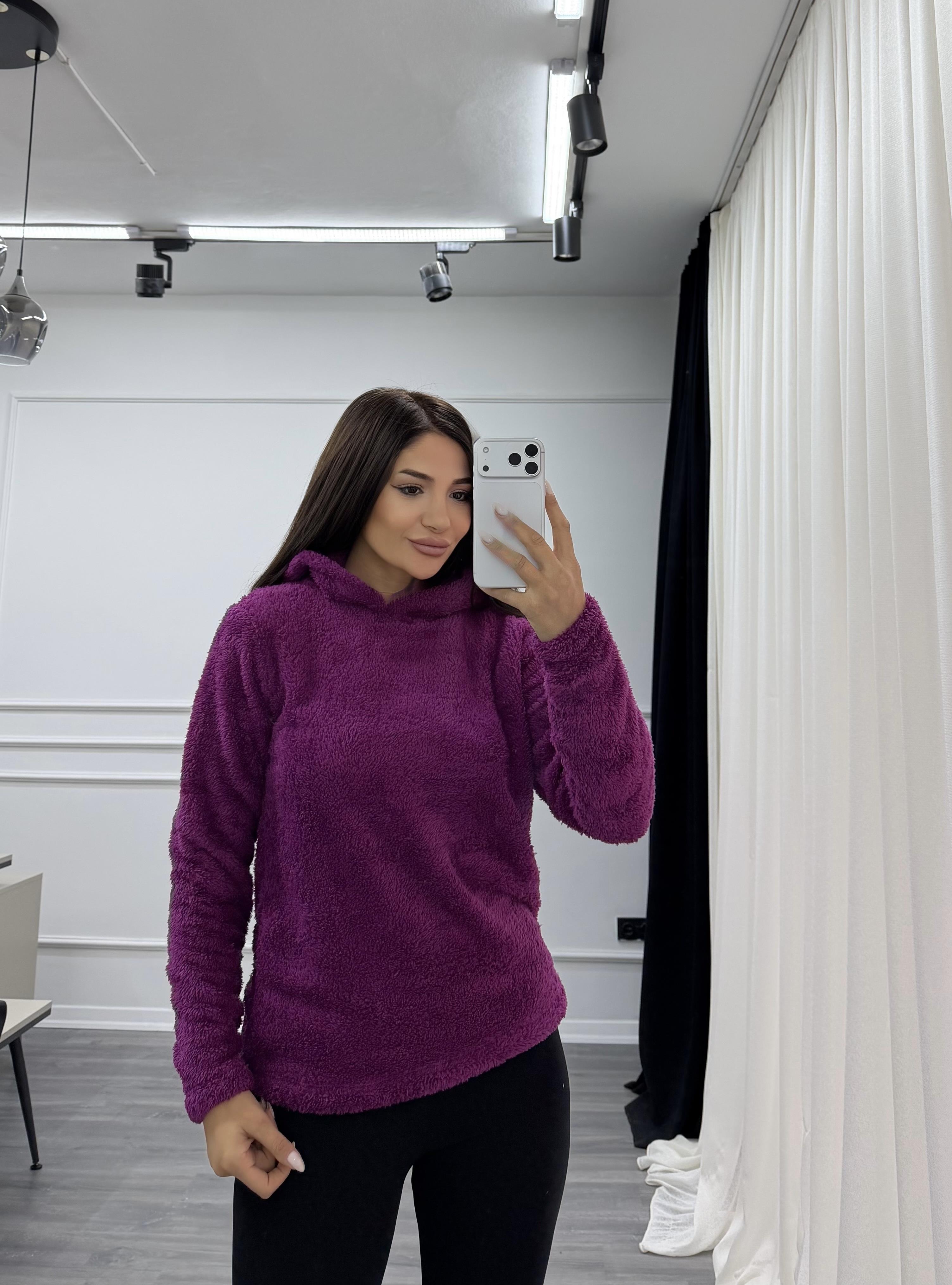 Mürdüm Kapüşonlu Yumoş Oversize Peluş Sweatshirt