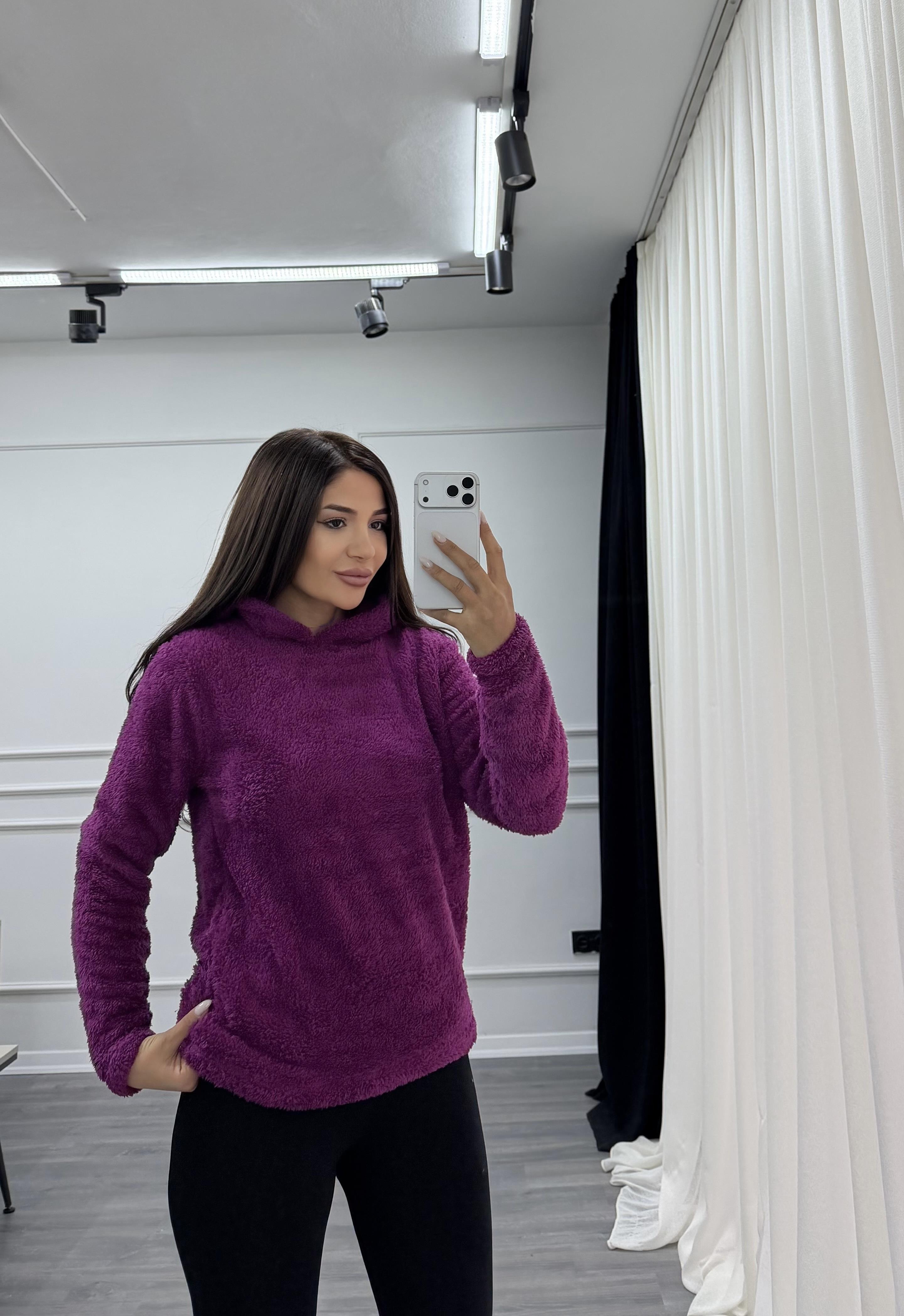Mürdüm Kapüşonlu Yumoş Oversize Peluş Sweatshirt