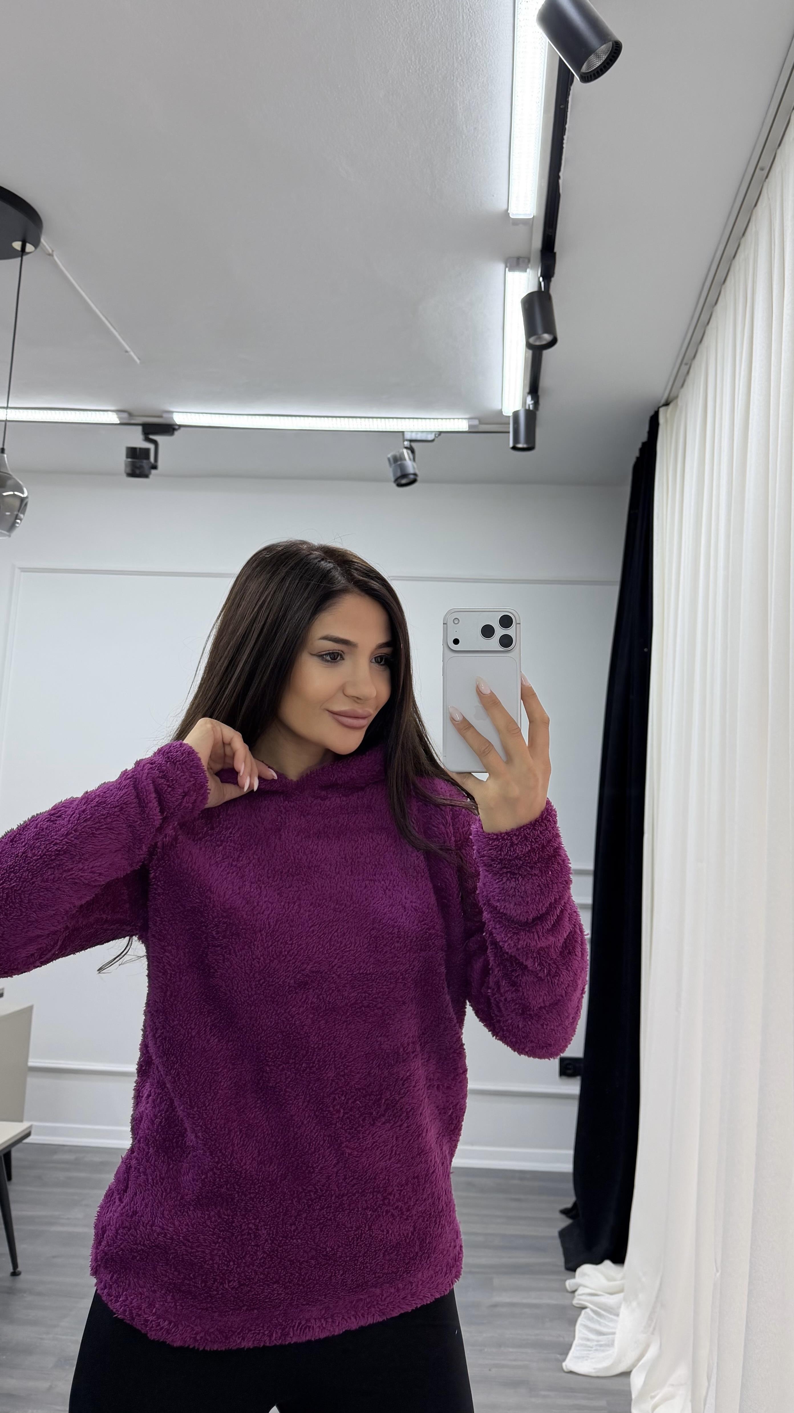 Mürdüm Kapüşonlu Yumoş Oversize Peluş Sweatshirt