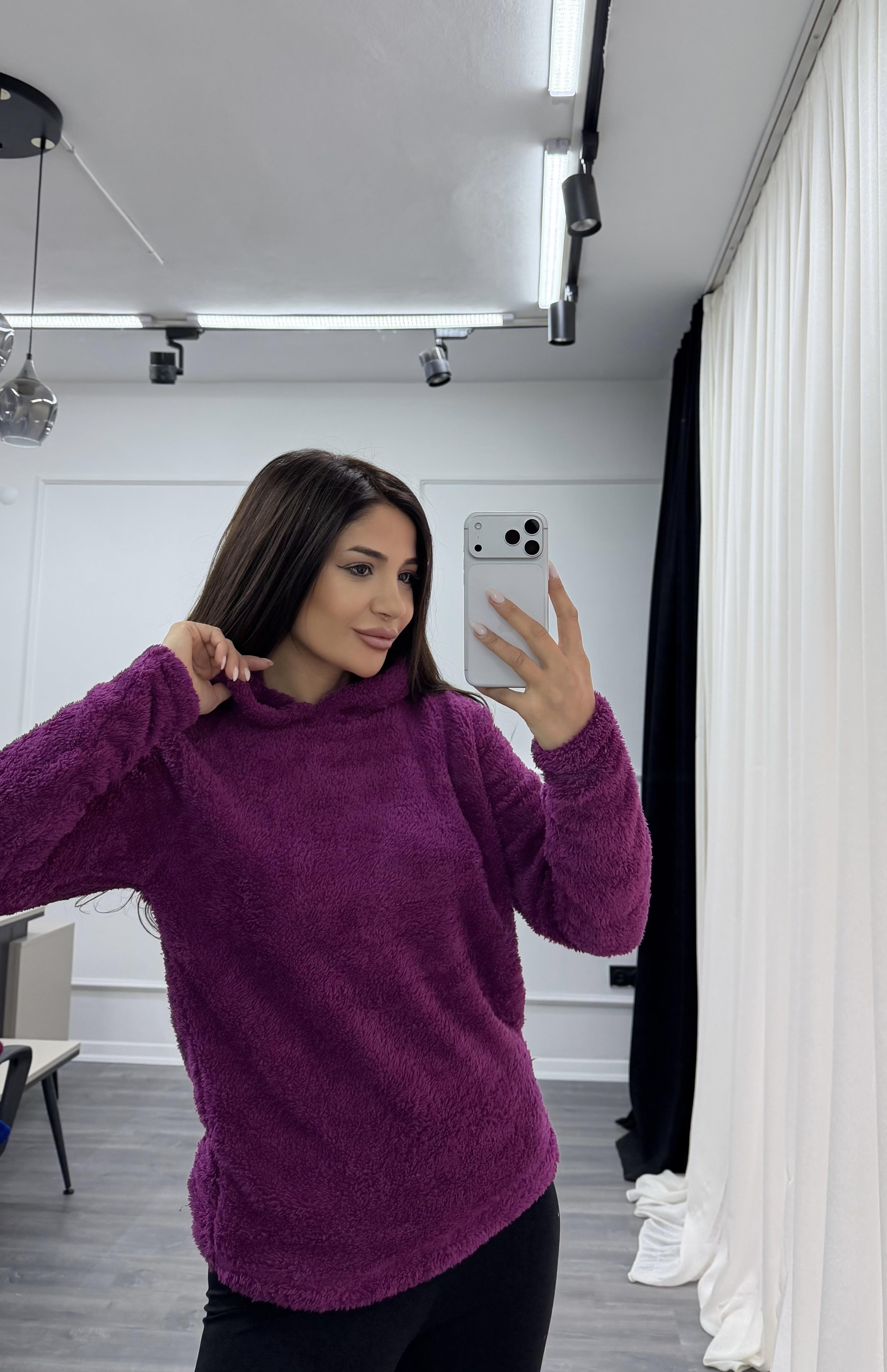Mürdüm Kapüşonlu Yumoş Oversize Peluş Sweatshirt