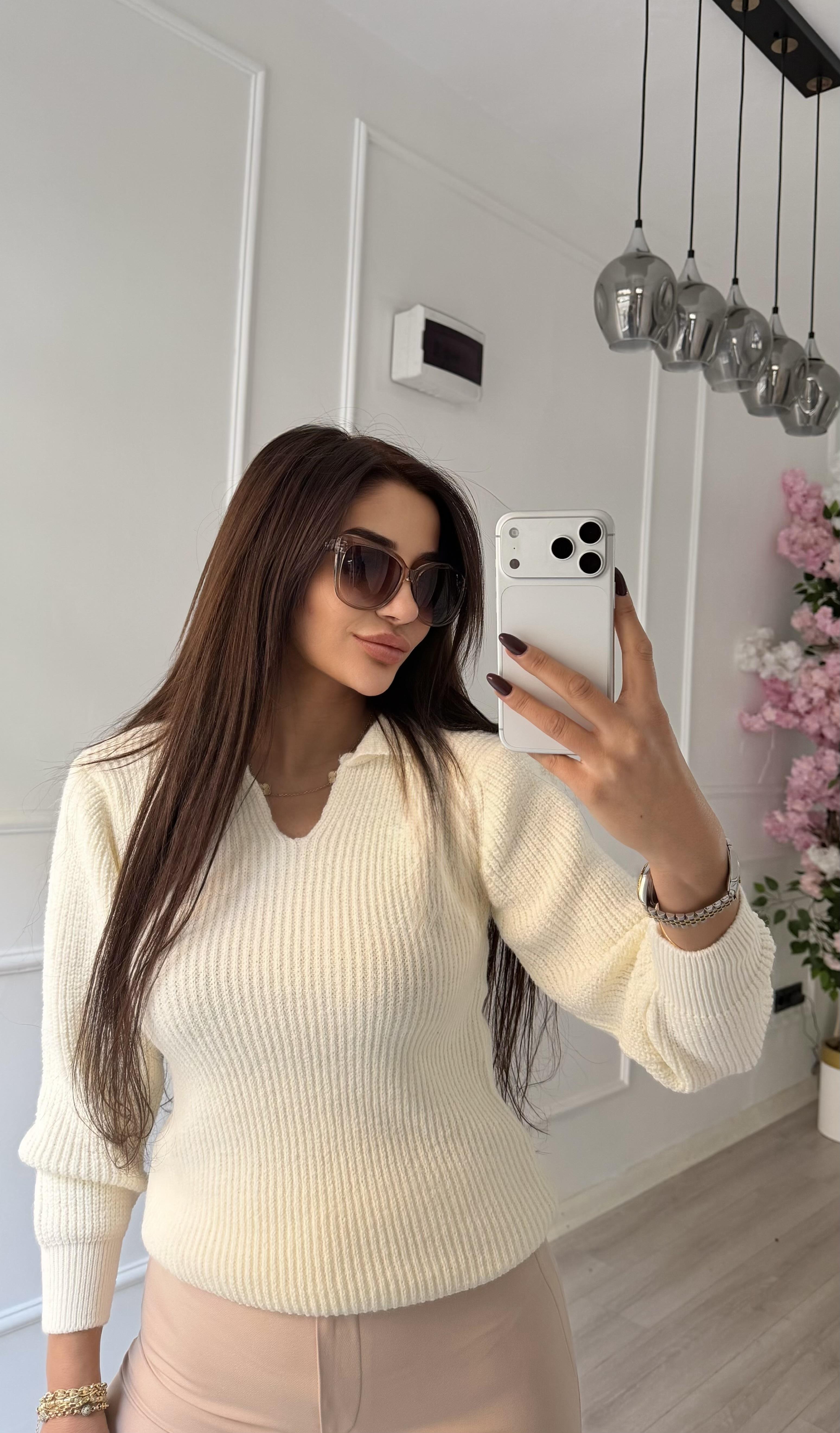 Örme Triko Polo Yaka  Kazak -Beyaz