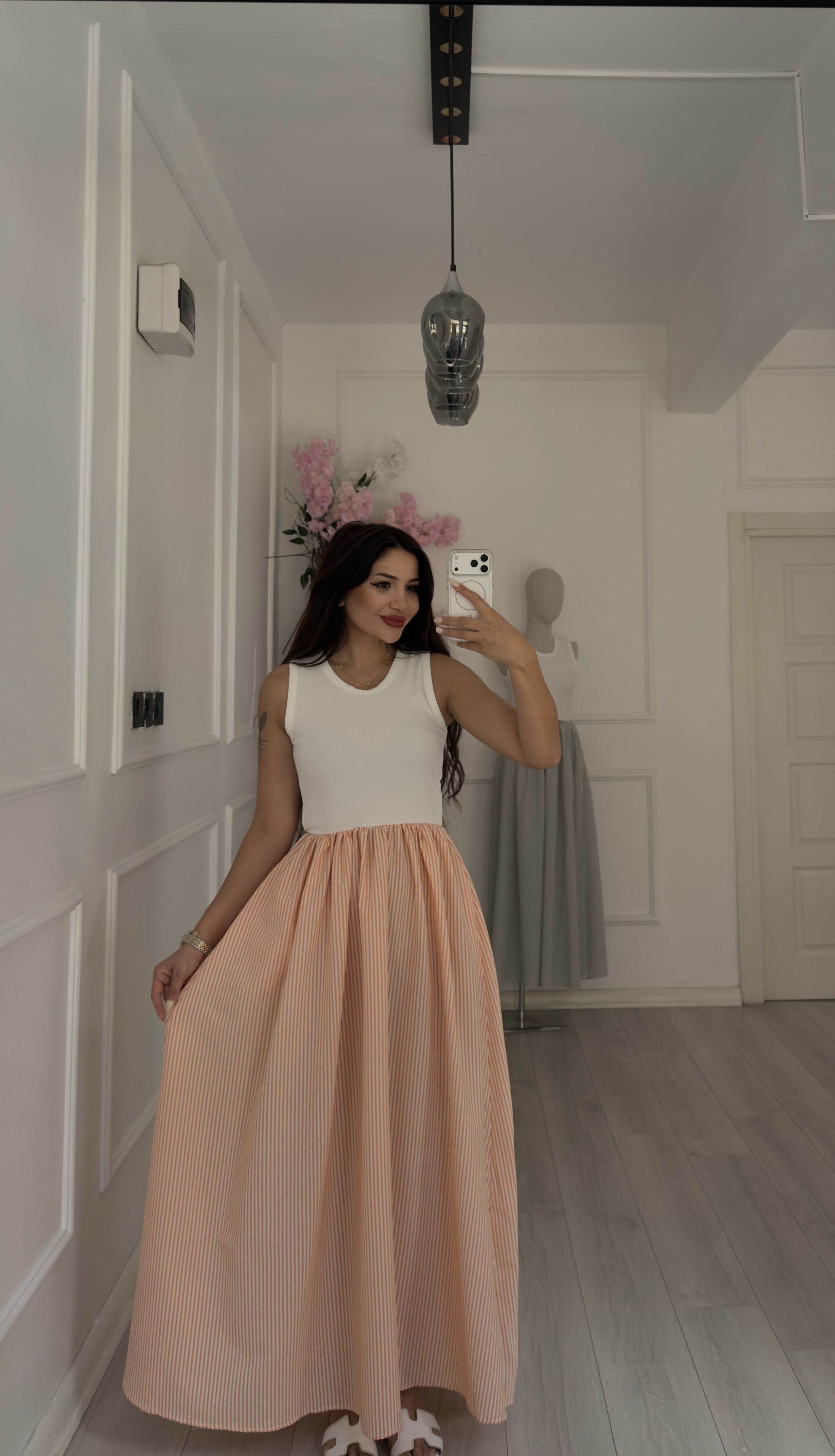 Örme Üstlü Ve Somon Çizgili Poplin Etekli Elbise