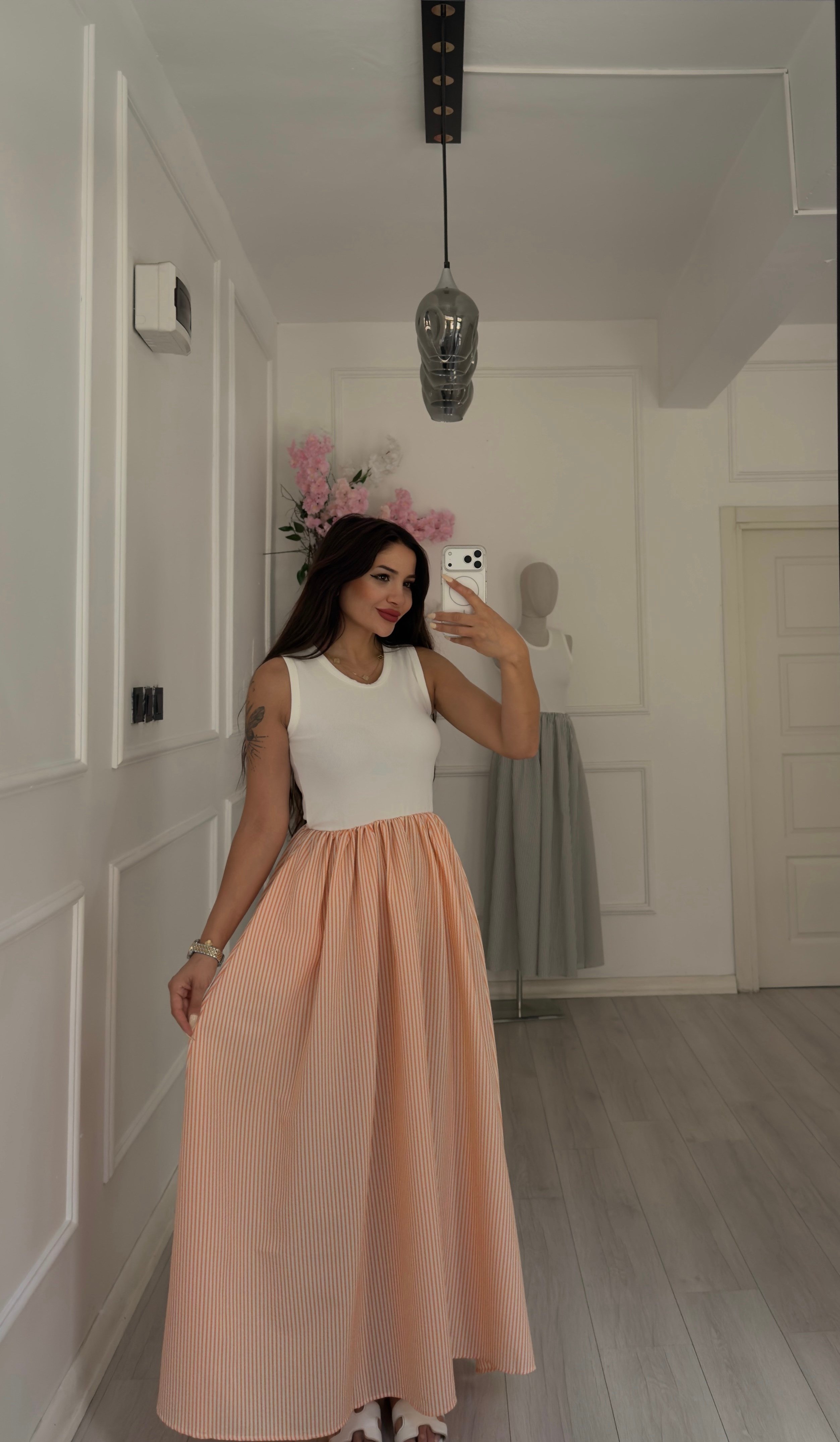 Örme Üstlü Ve Somon Çizgili Poplin Etekli Elbise