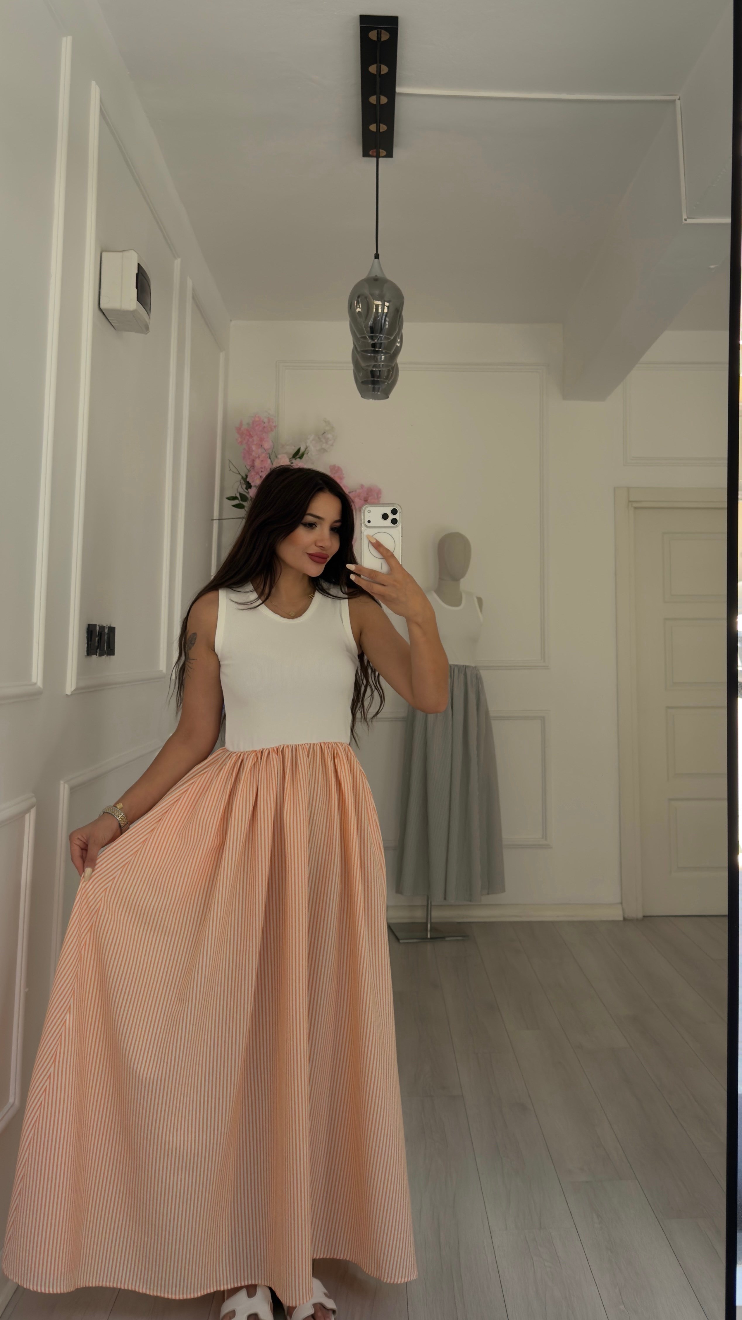 Örme Üstlü Ve Somon Çizgili Poplin Etekli Elbise