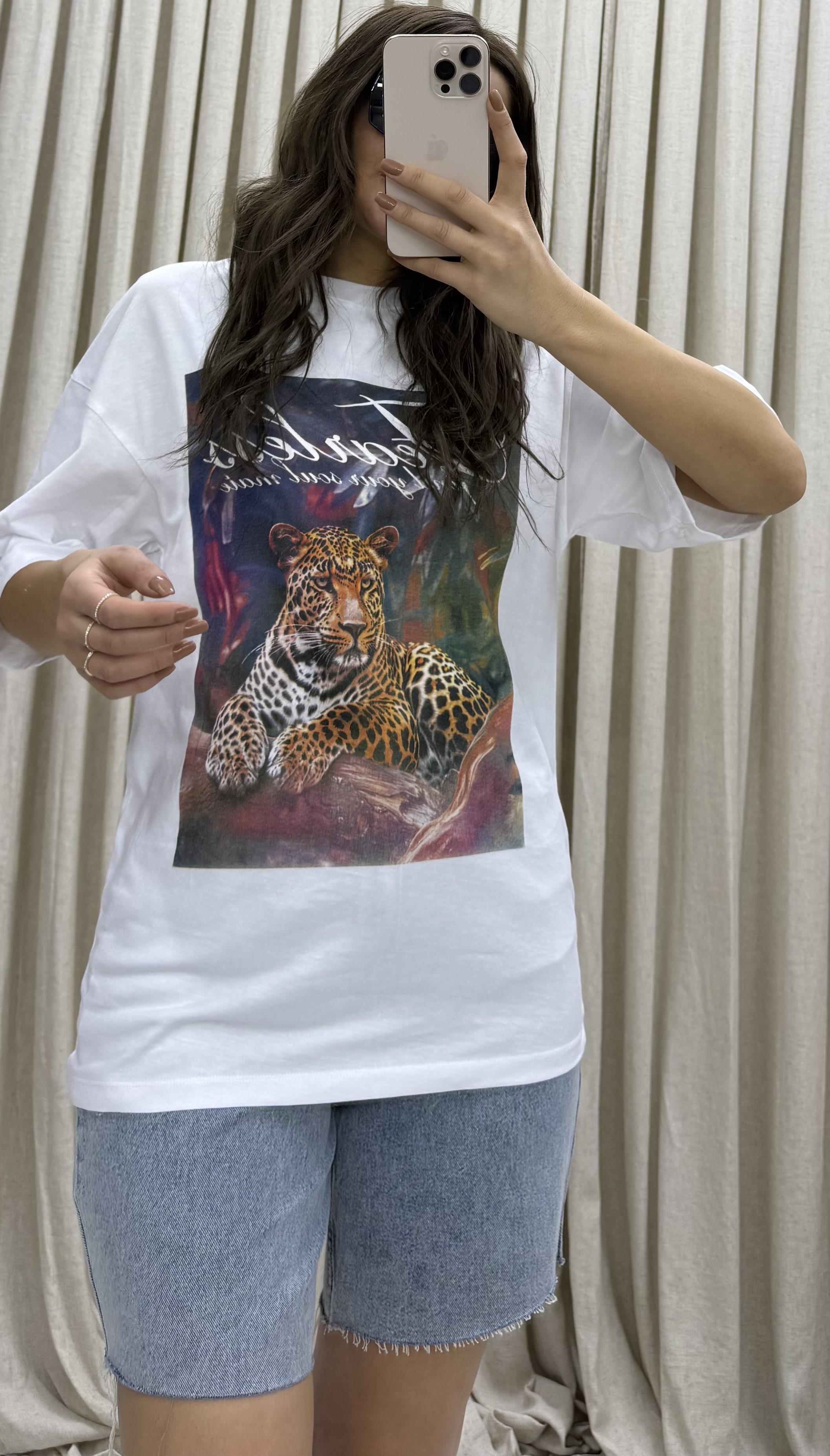Oversize %100 Pamuk  Fit Baskılı Beyaz T-Shirt