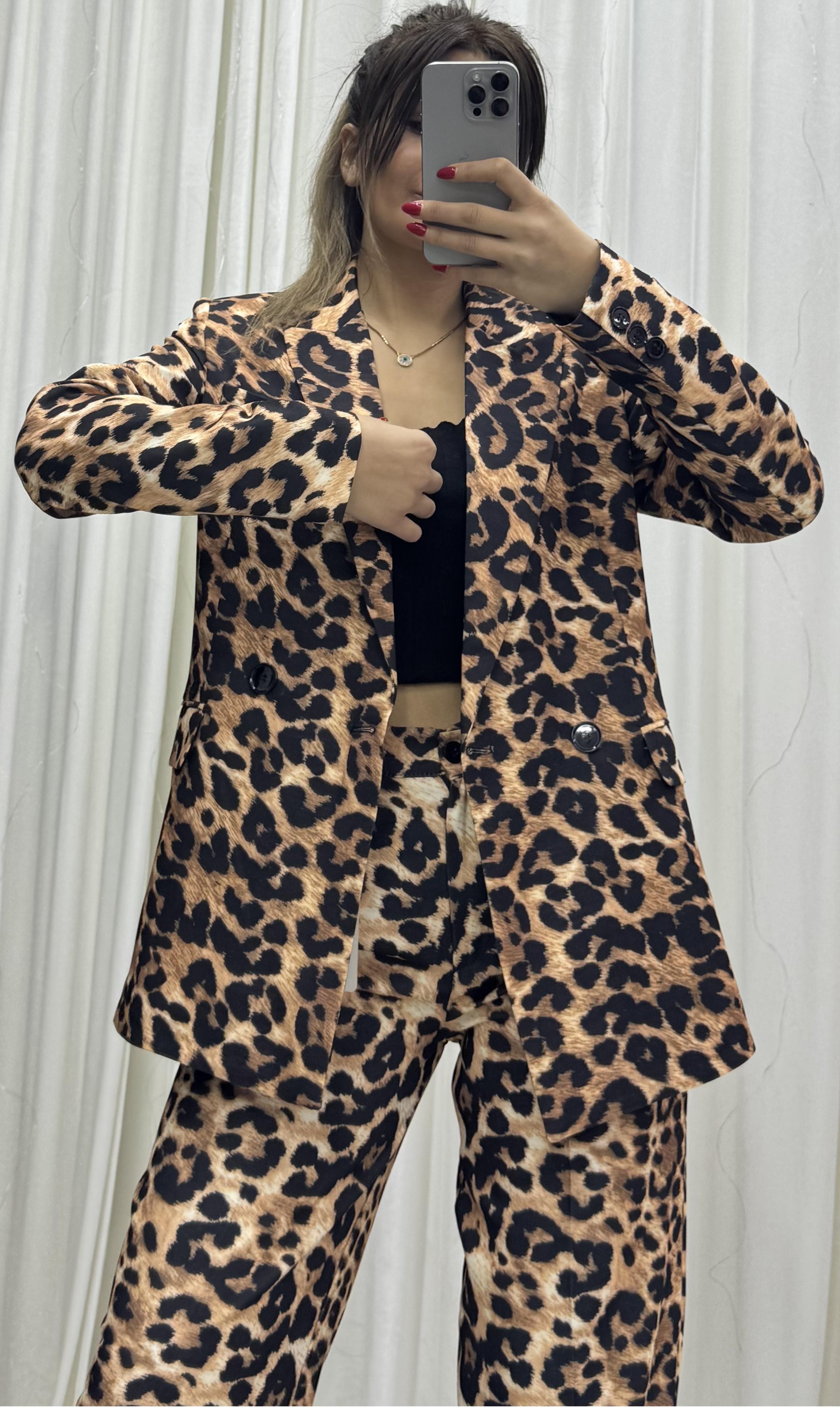 Oversize Leopar Desen Astarlı Ceket ve Pantolon