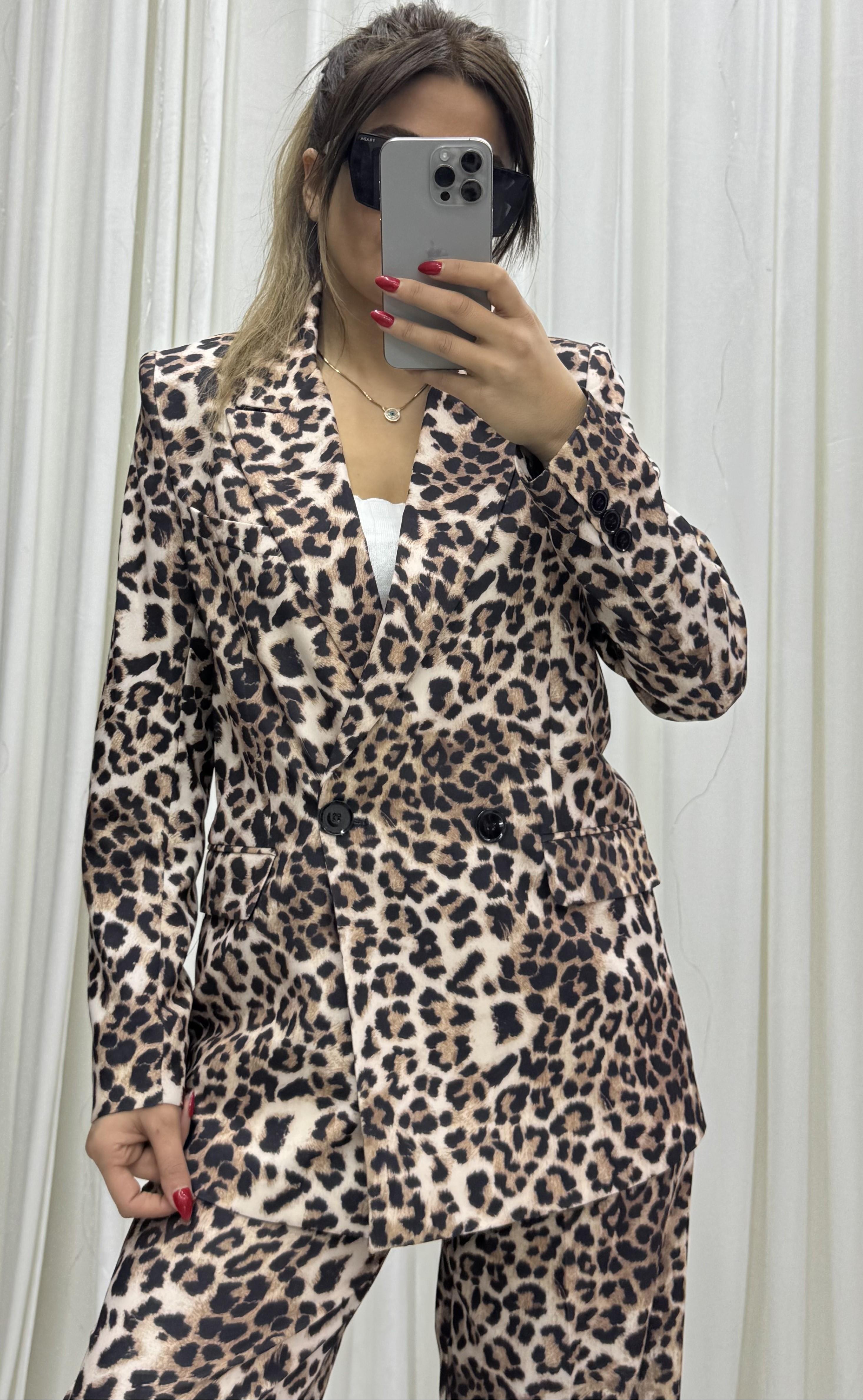 Oversize Leopar Desen Astarlı Ceket ve Pantolon