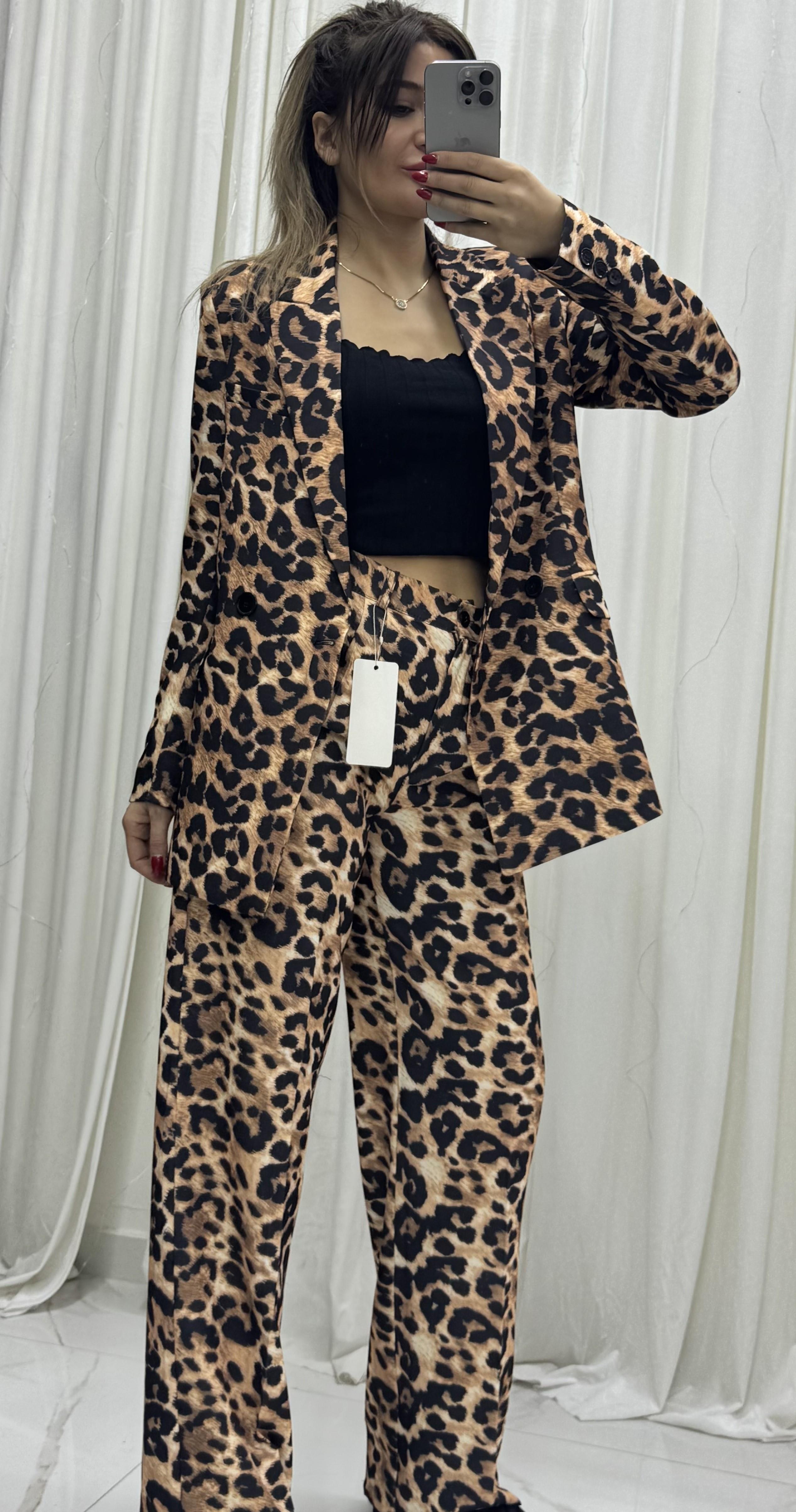 Oversize Leopar Desen Astarlı Ceket ve Pantolon
