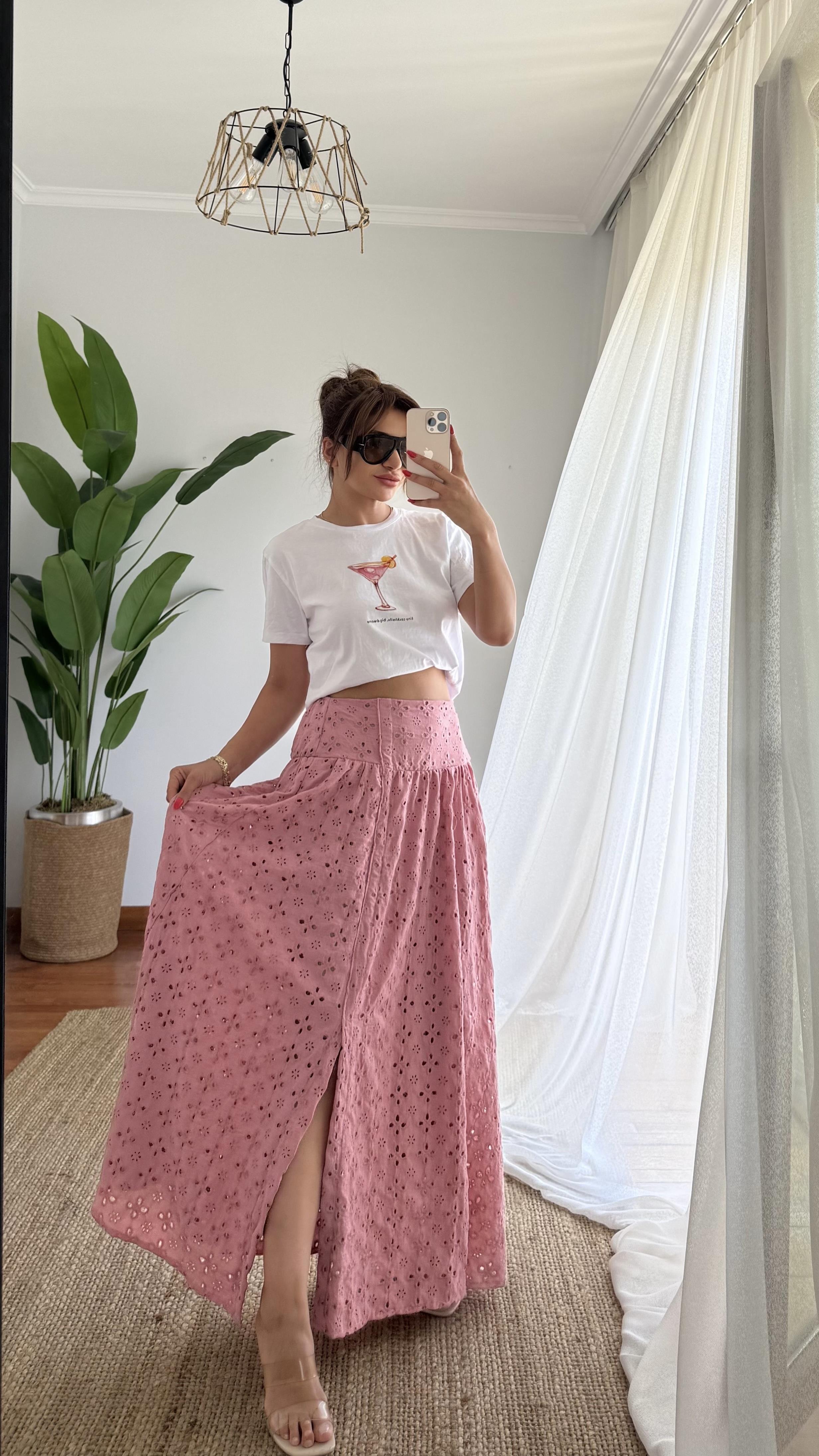 Pamuklu Brodeli Pembe Renk Etek