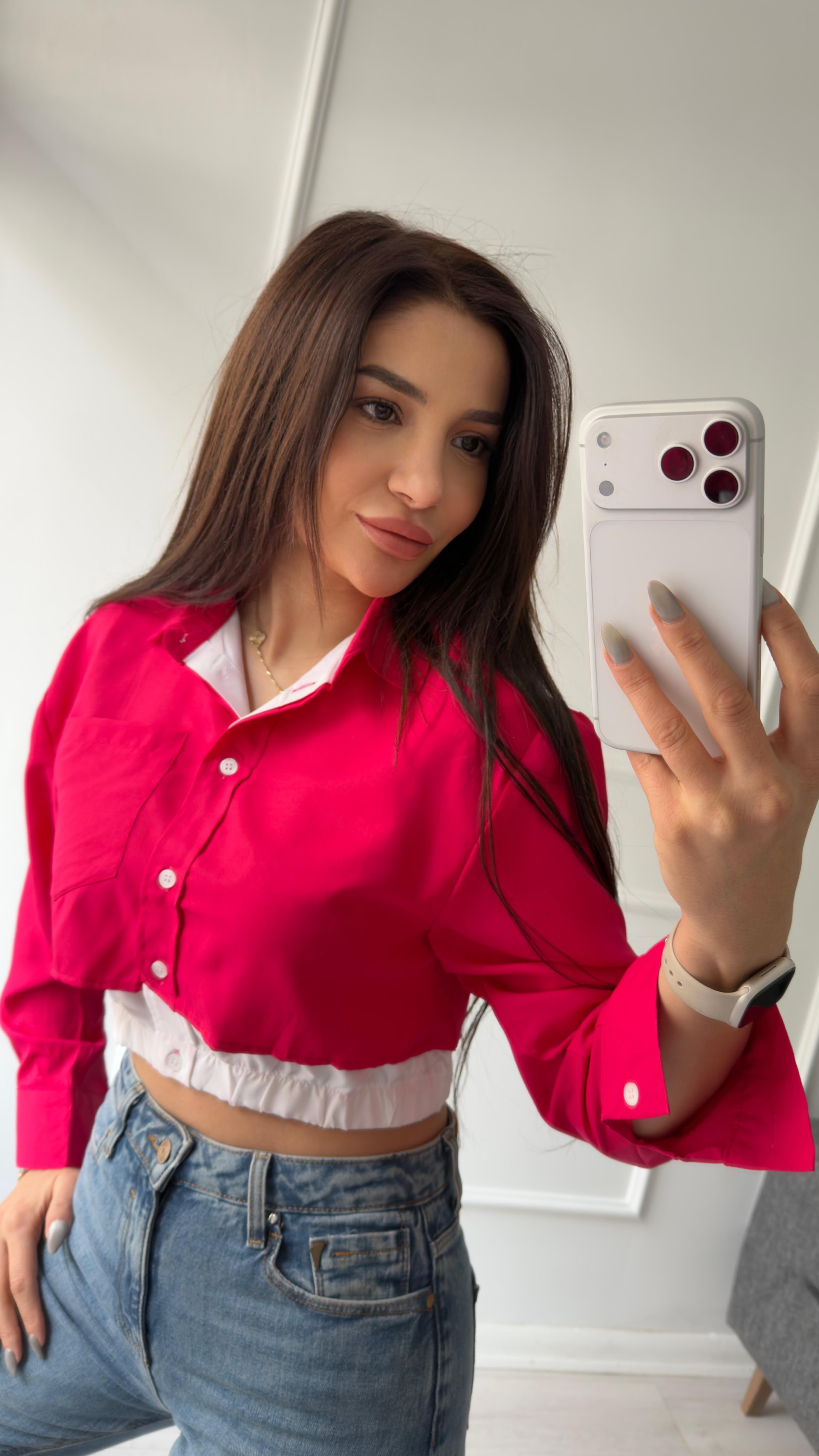 Pembe Düğmeli Beli Lastikli Gömlek