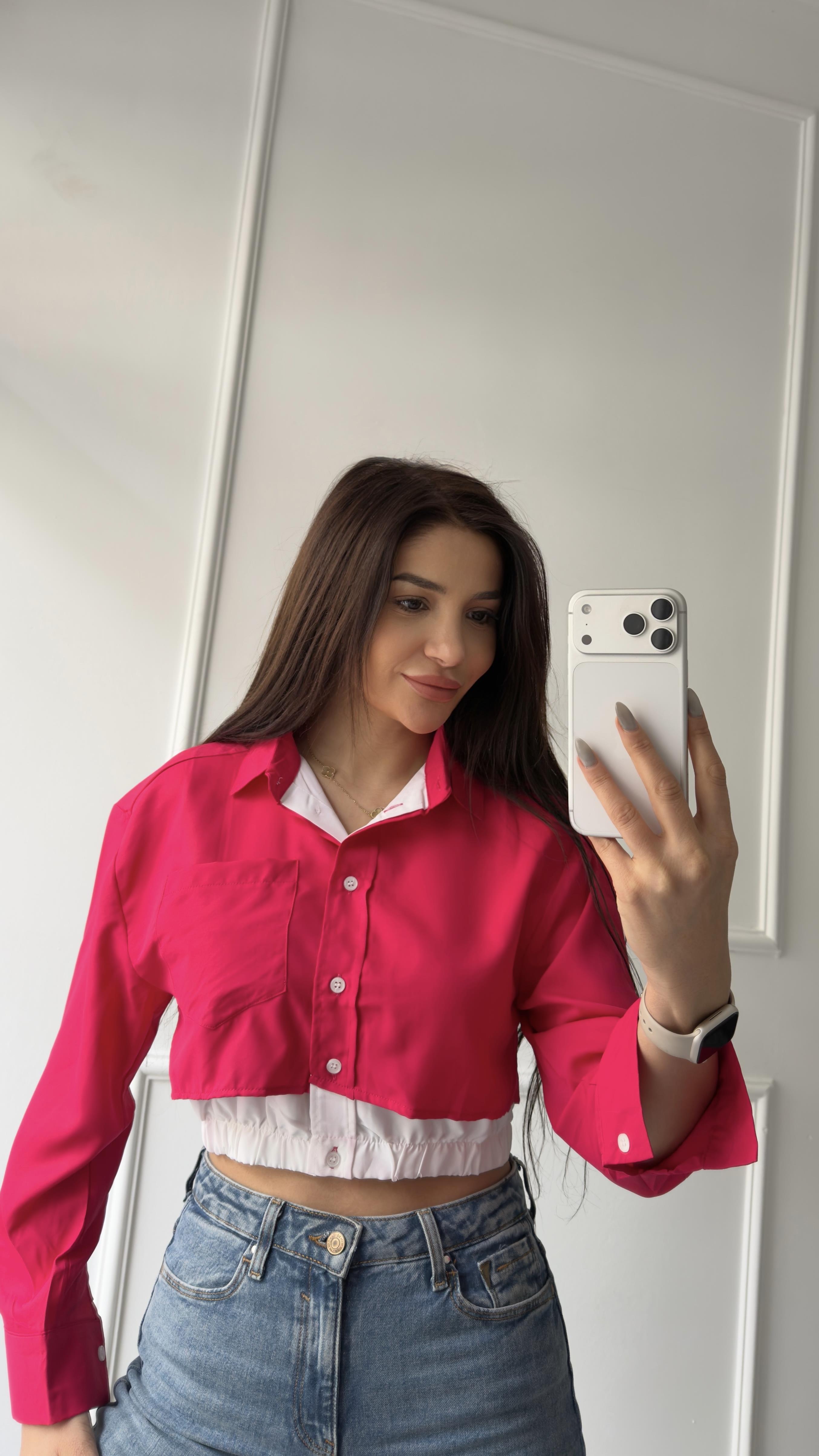 Pembe Düğmeli Beli Lastikli Gömlek