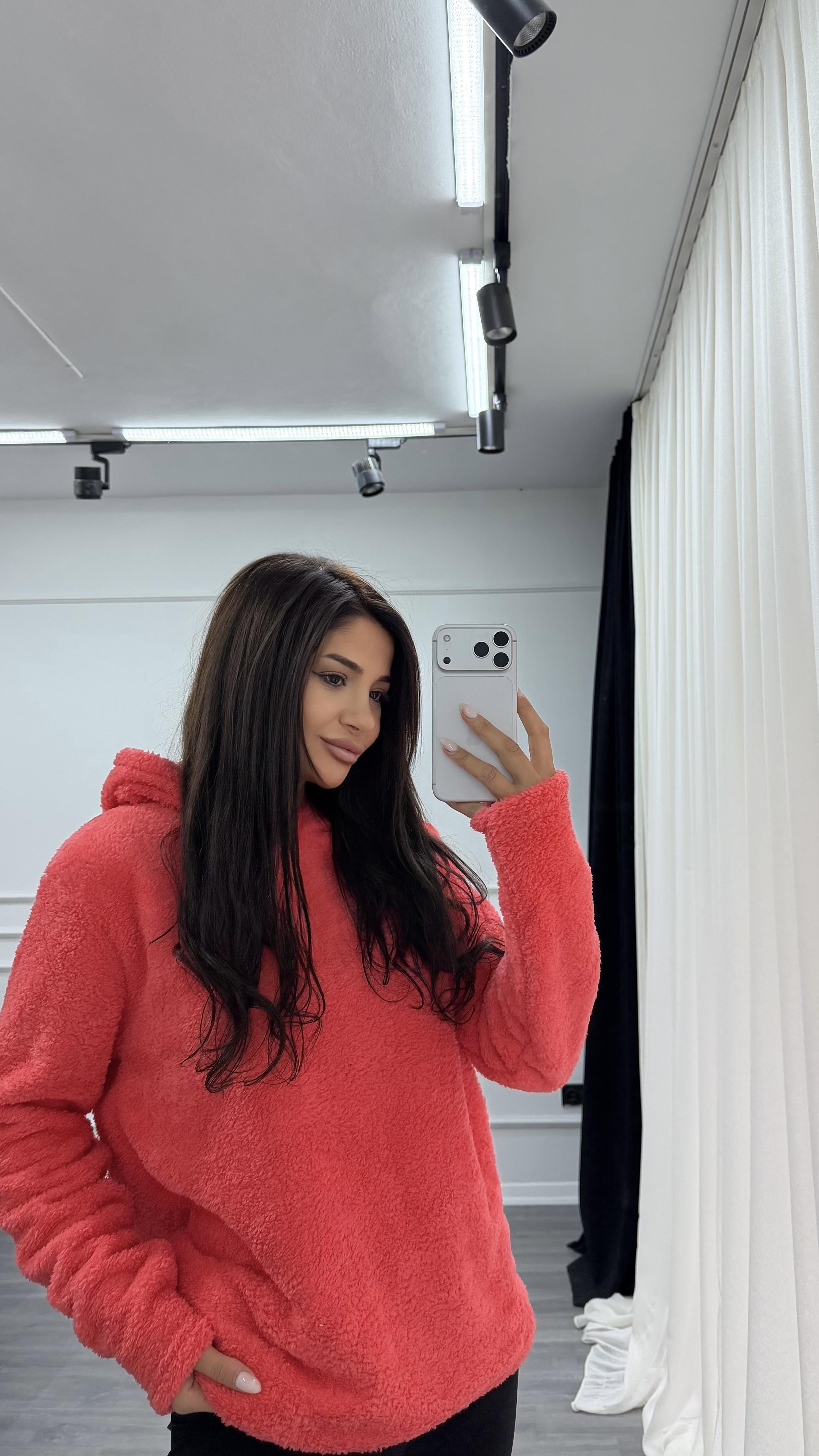 Pembe Kapüşonlu Yumoş Oversize Peluş Sweatshirt