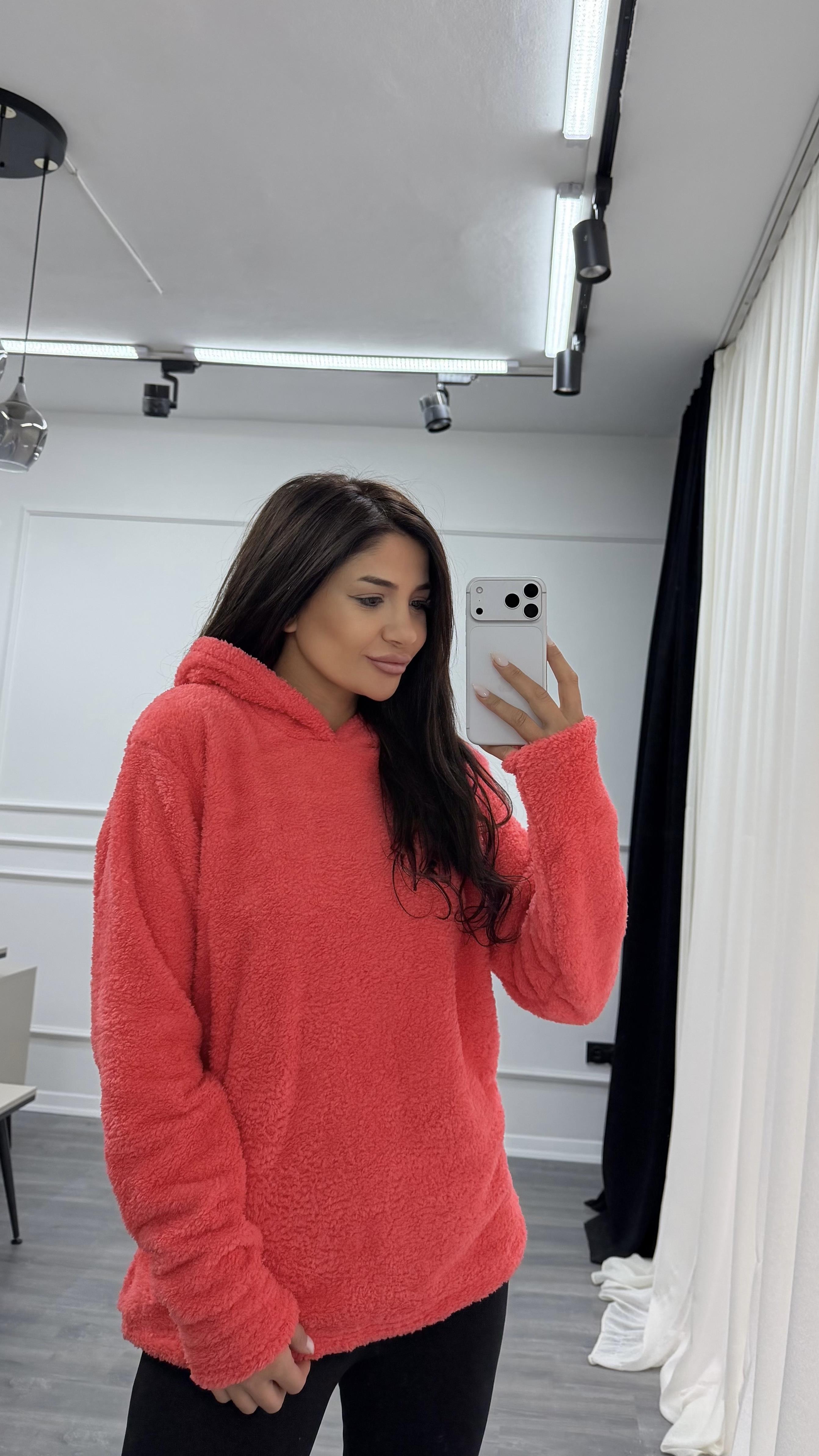 Pembe Kapüşonlu Yumoş Oversize Peluş Sweatshirt