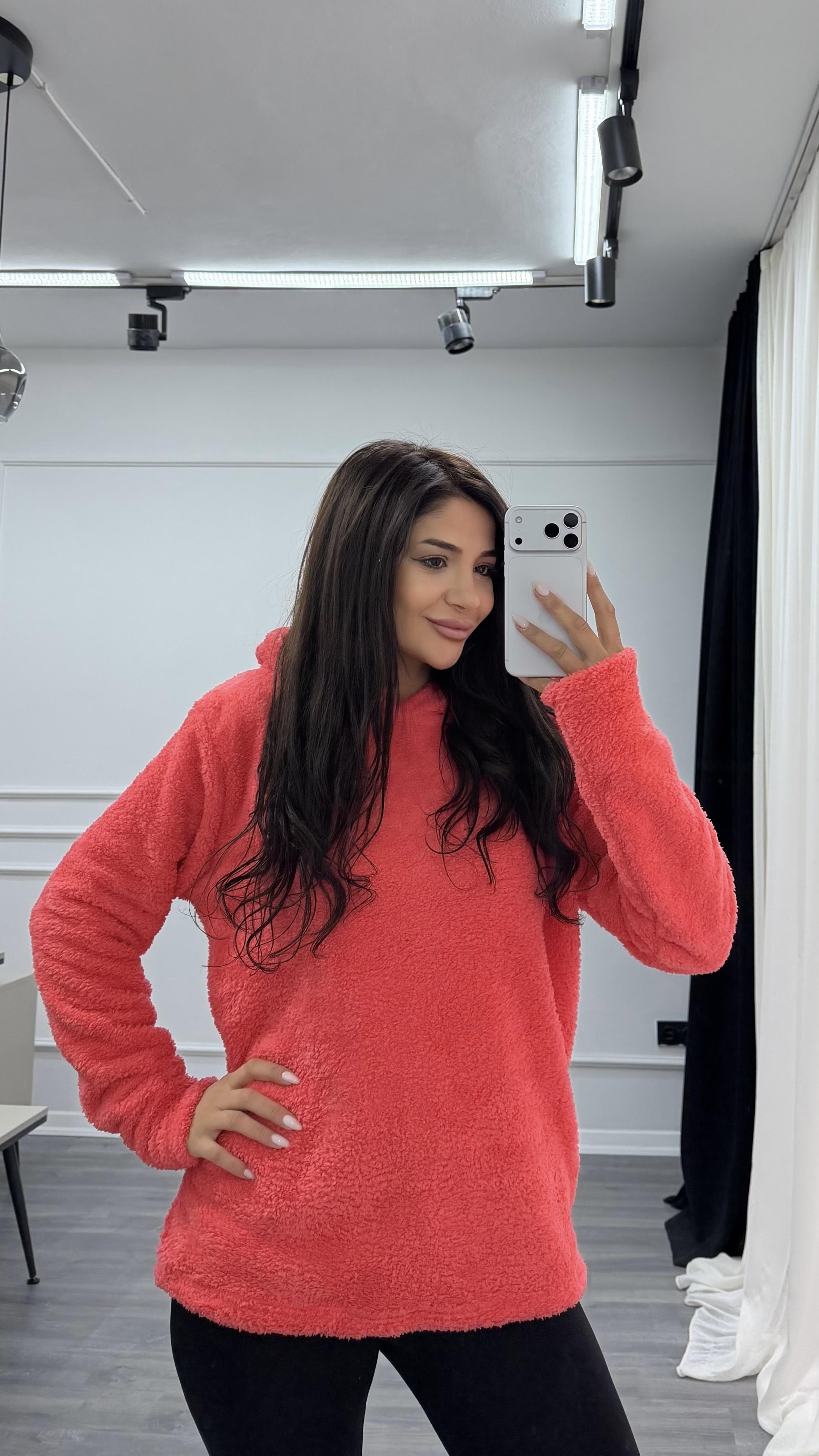 Pembe Kapüşonlu Yumoş Oversize Peluş Sweatshirt