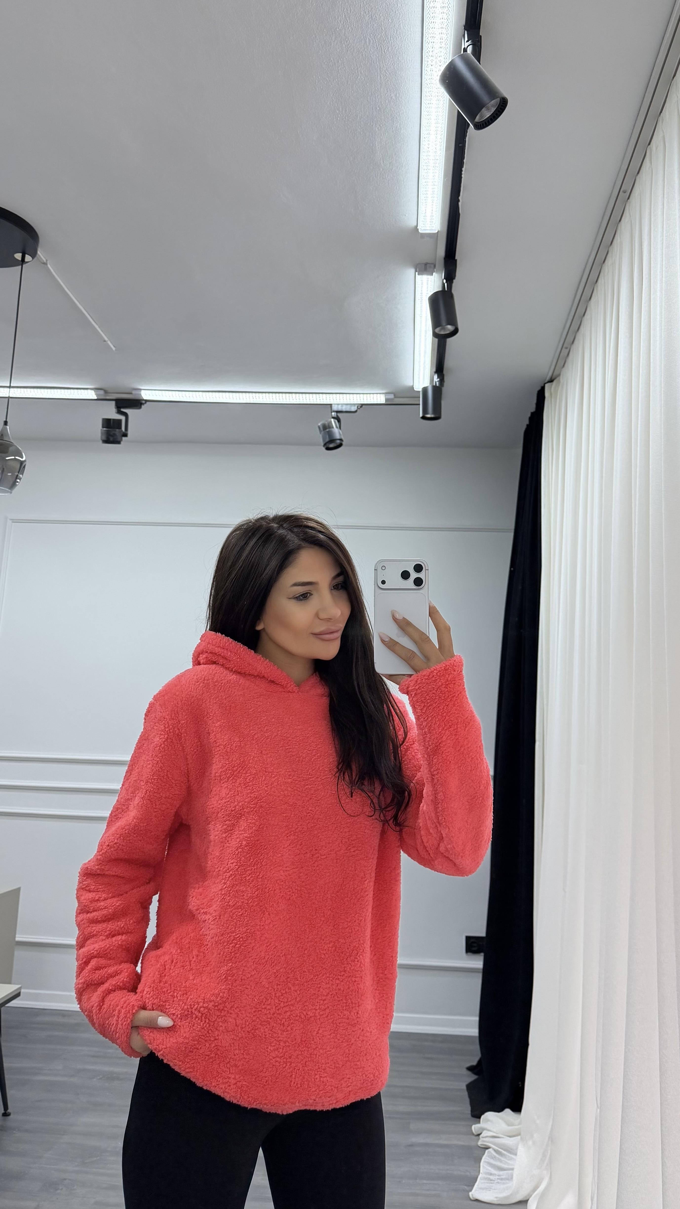 Pembe Kapüşonlu Yumoş Oversize Peluş Sweatshirt