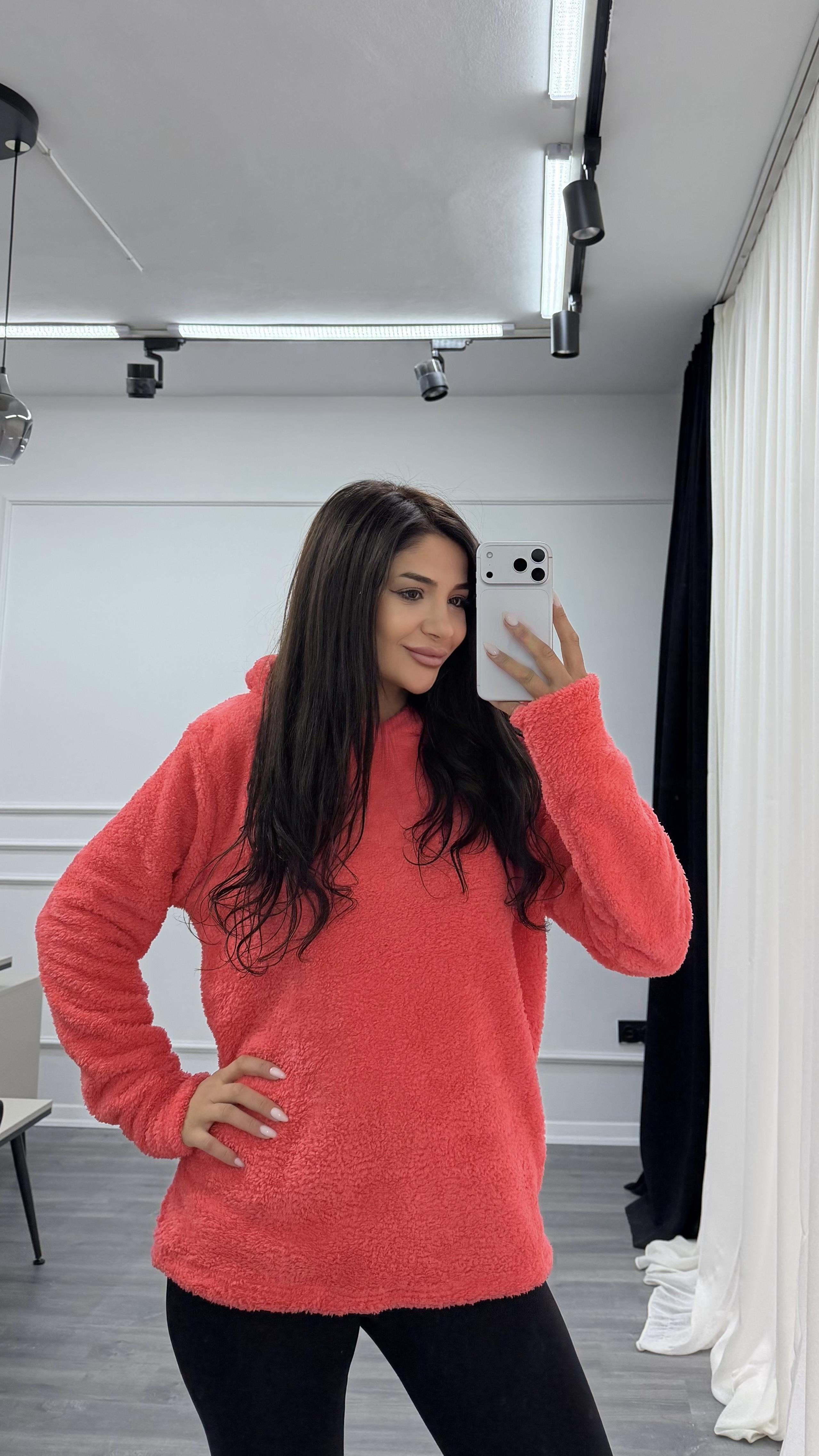 Pembe Kapüşonlu Yumoş Oversize Peluş Sweatshirt