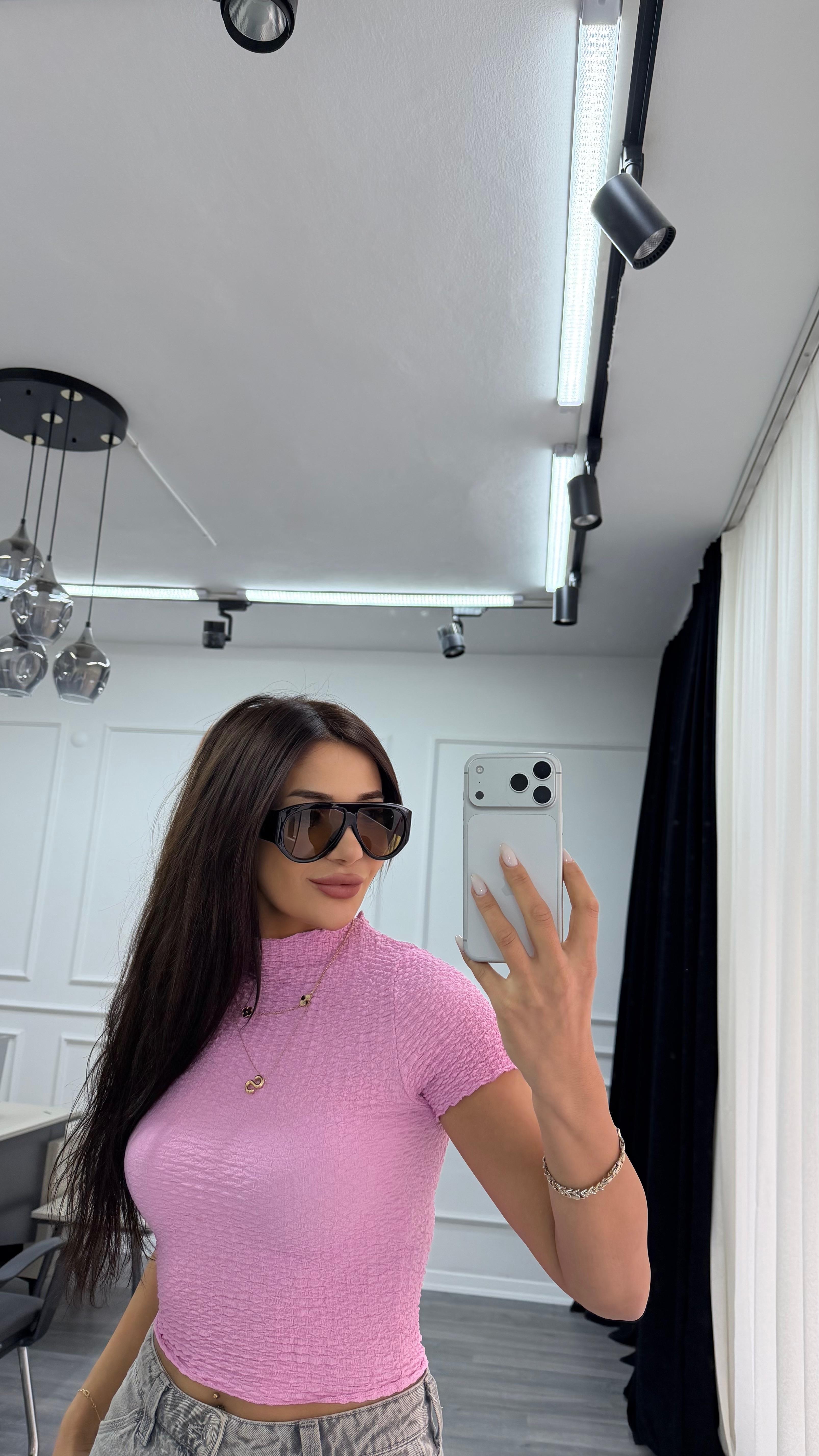 Pembe Örgü Kumaş Esnek Kısa Kollu Crop