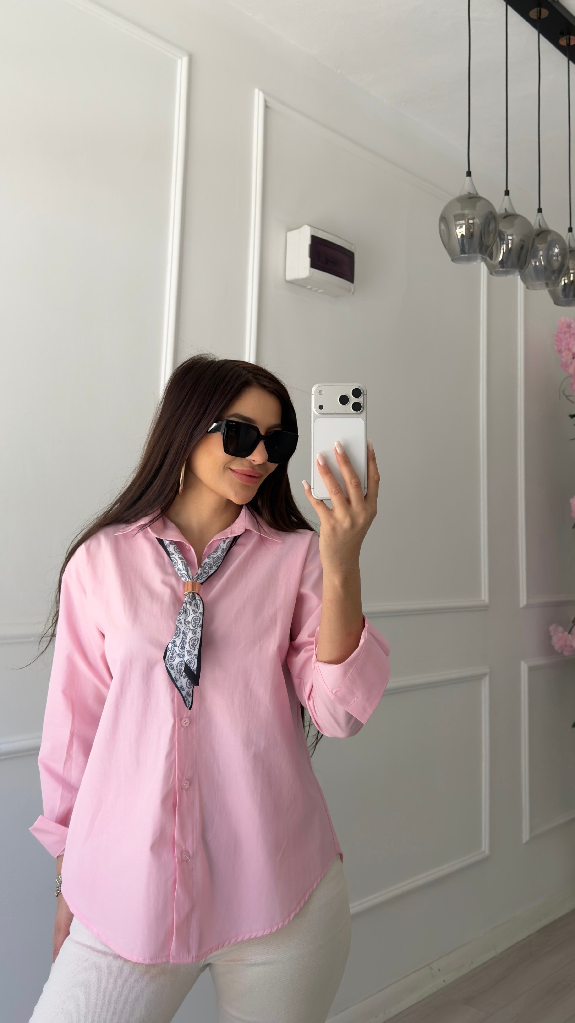 Pembe Oversize Fularlı Gömlek