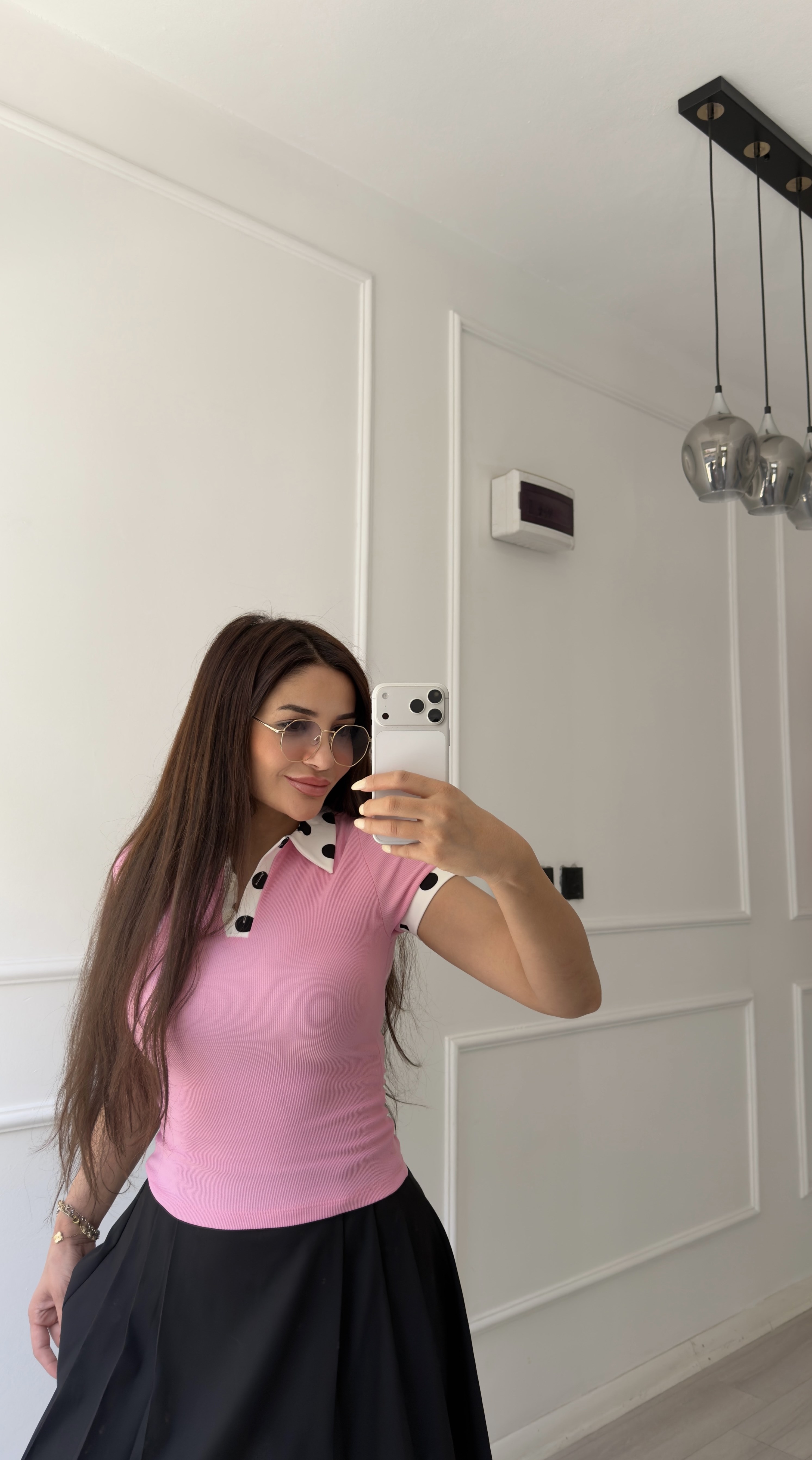 Pembe Polo Yaka Puantiyeli Tişört