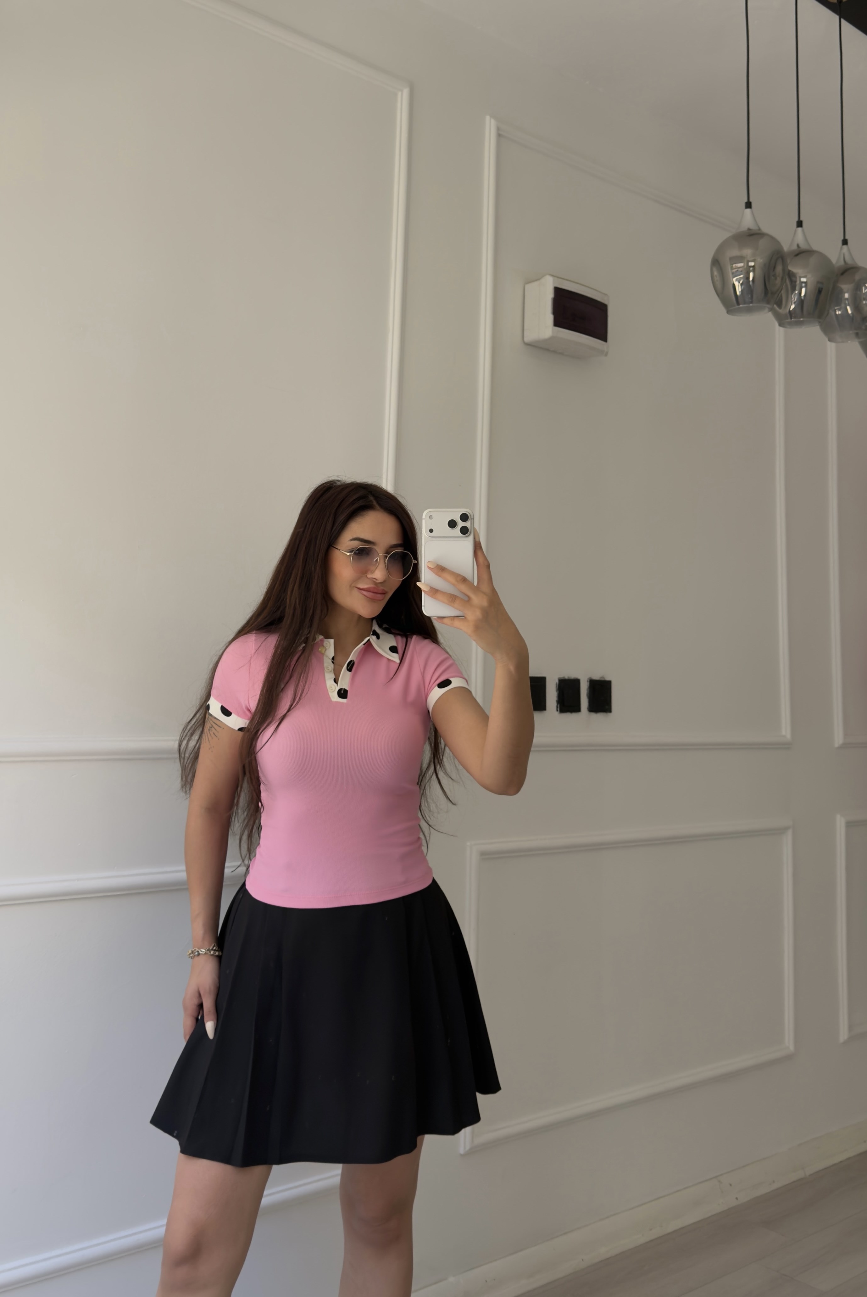 Pembe Polo Yaka Puantiyeli Tişört