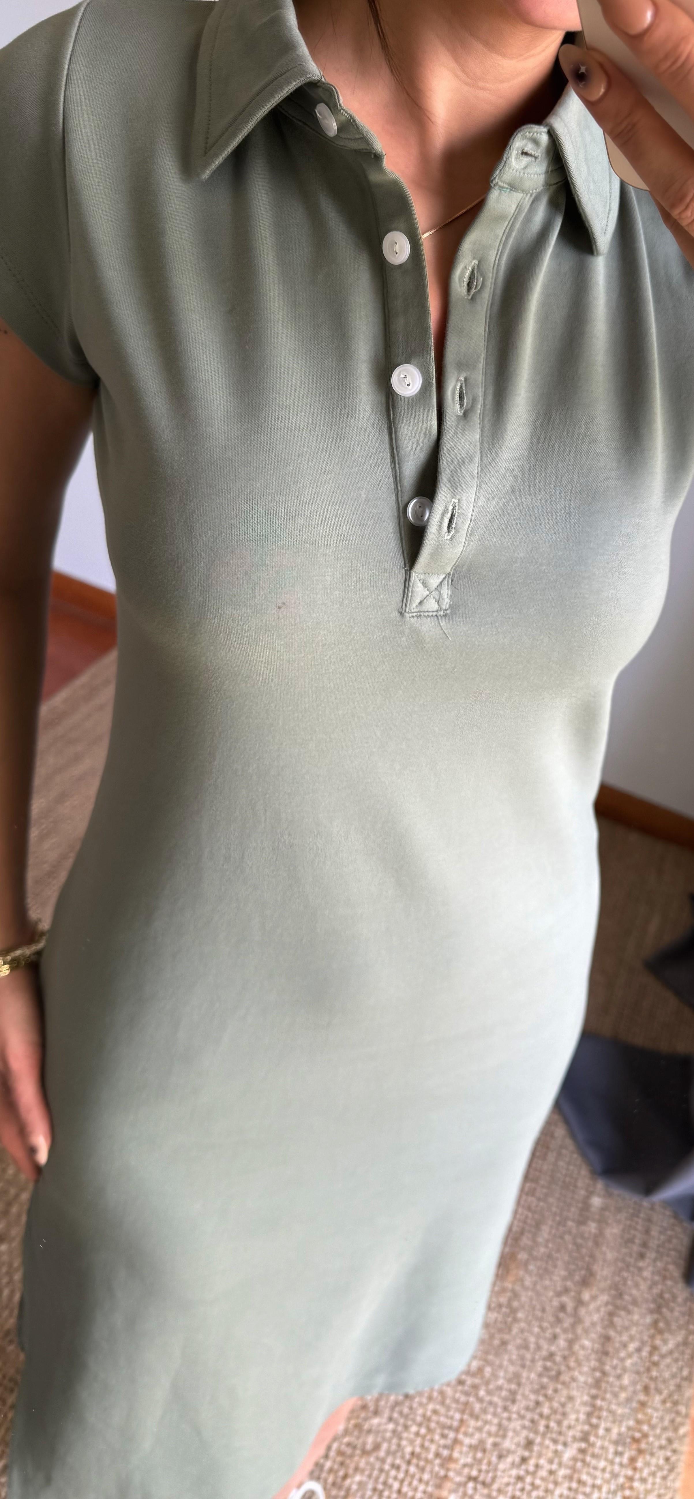 Polo Yaka  Esnek Yırtmaçlı Midi Elbise-Haki