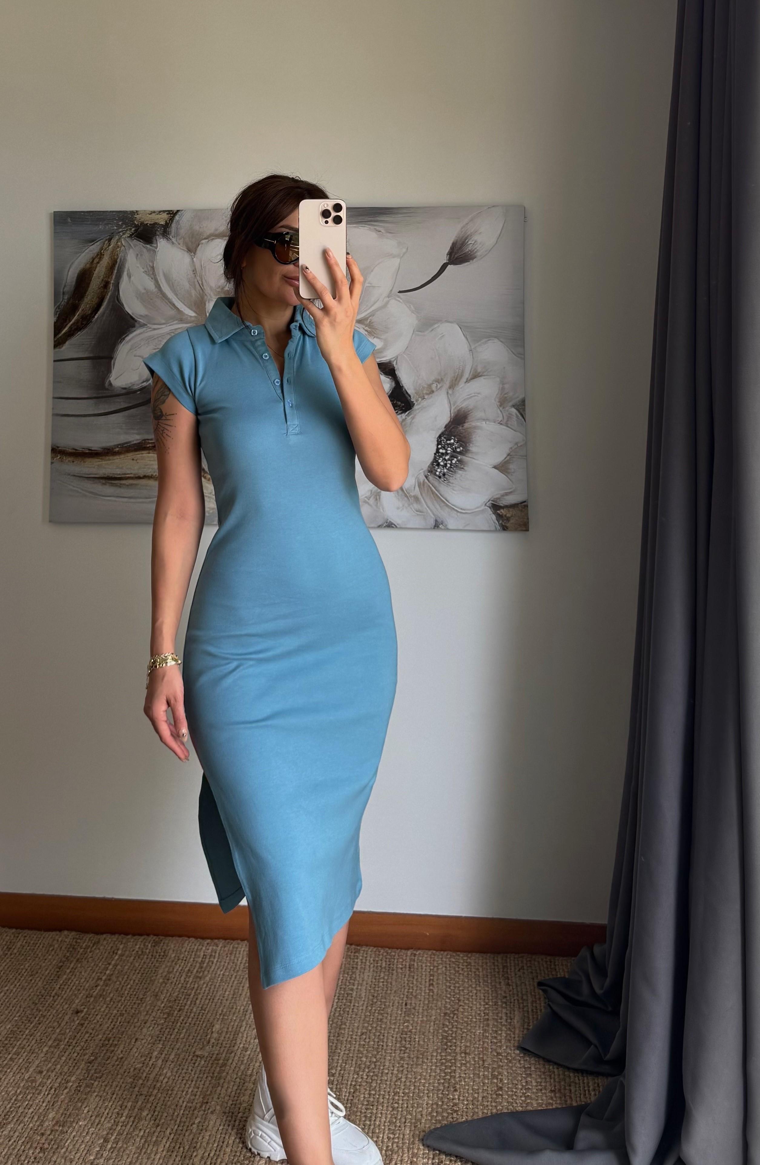Polo Yaka  Esnek Yırtmaçlı Midi Elbise-Bebe mavi