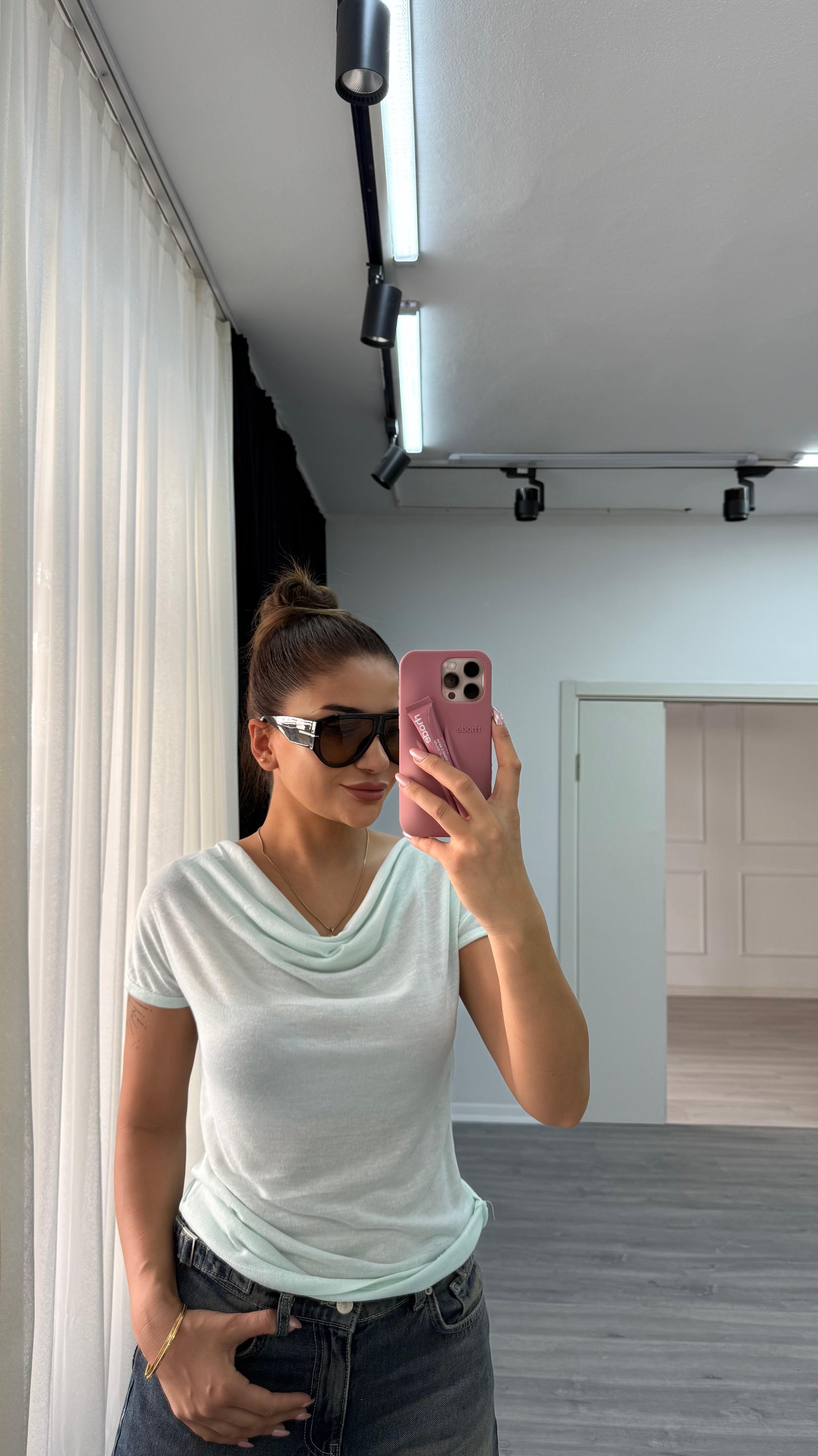 Premium Degaje Yaka Kısa Kol Bluz-yeşil