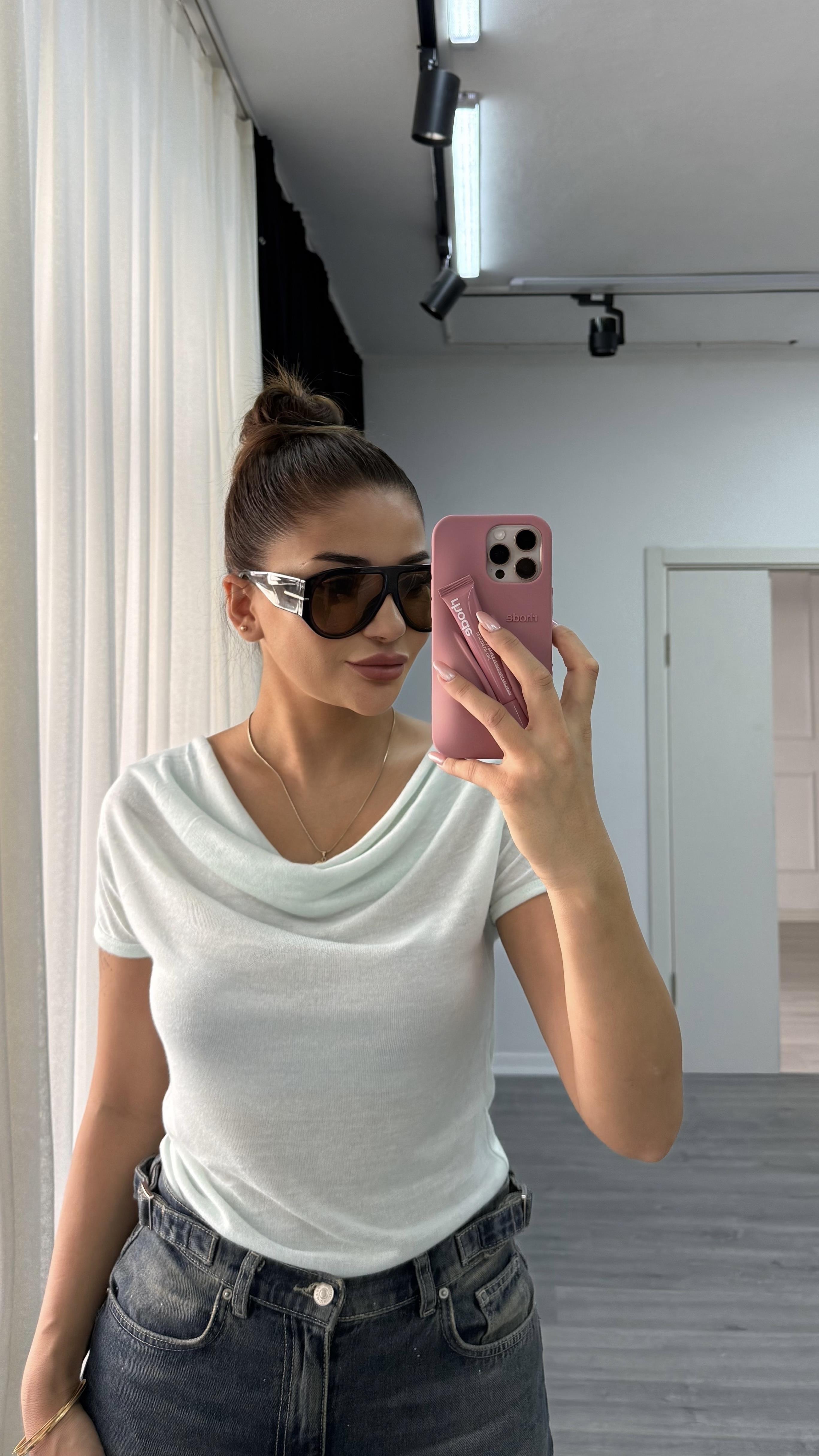 Premium Degaje Yaka Kısa Kol Bluz-yeşil