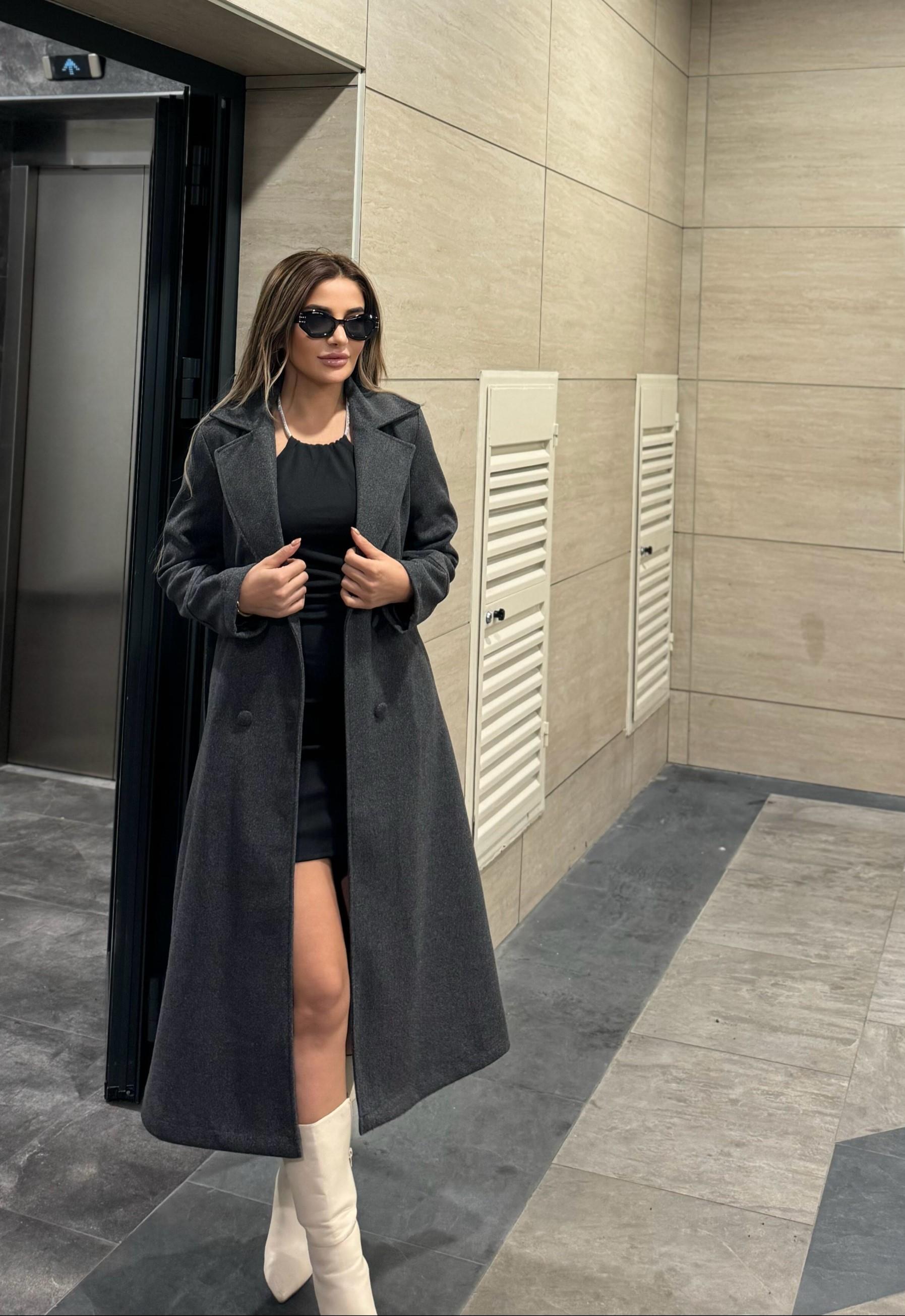 Premium Kalite Kuşaklı Astarlı Kaşe Kaban_Antrasit