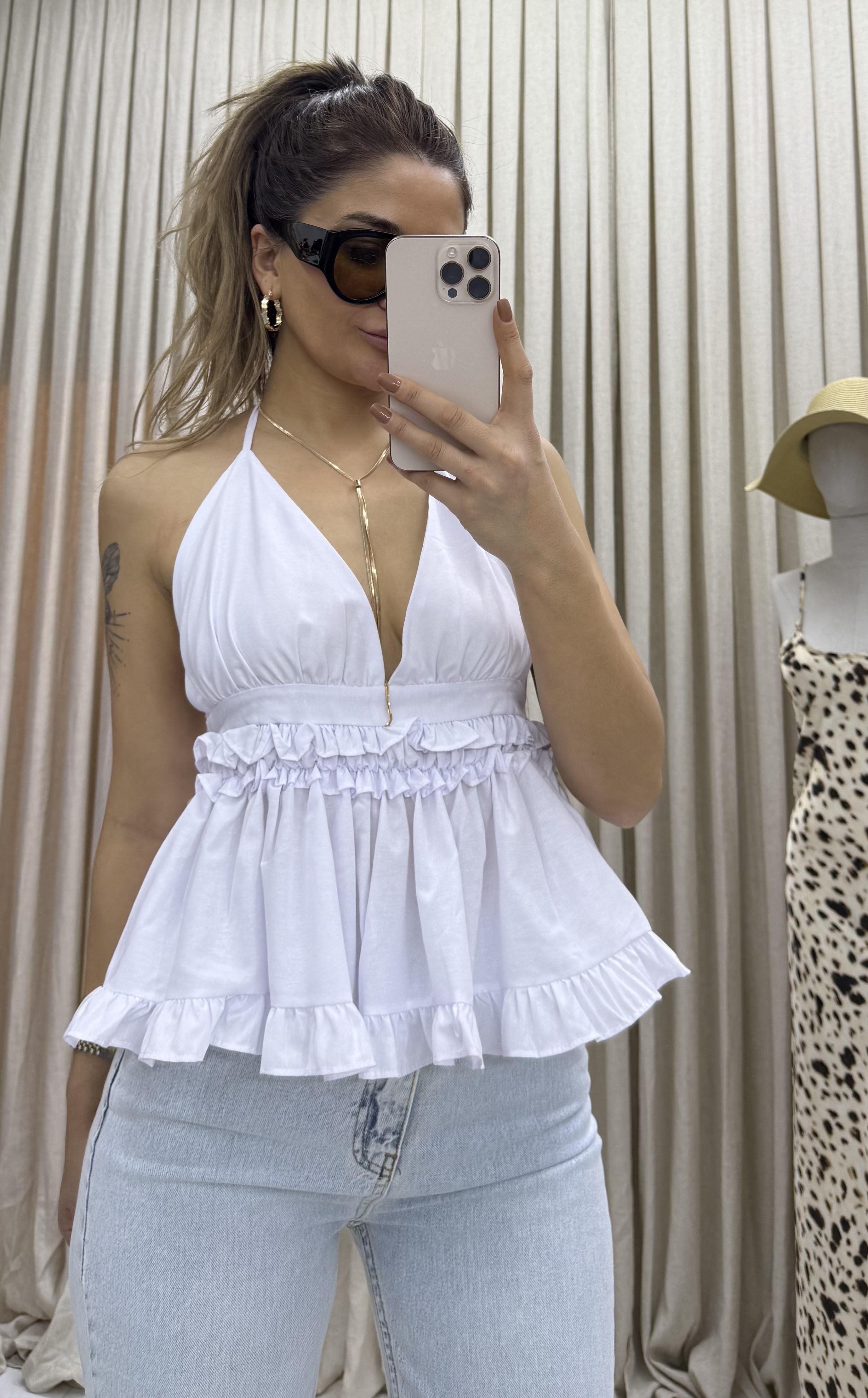Sırt Detaylı Poplin Bluz-Beyaz