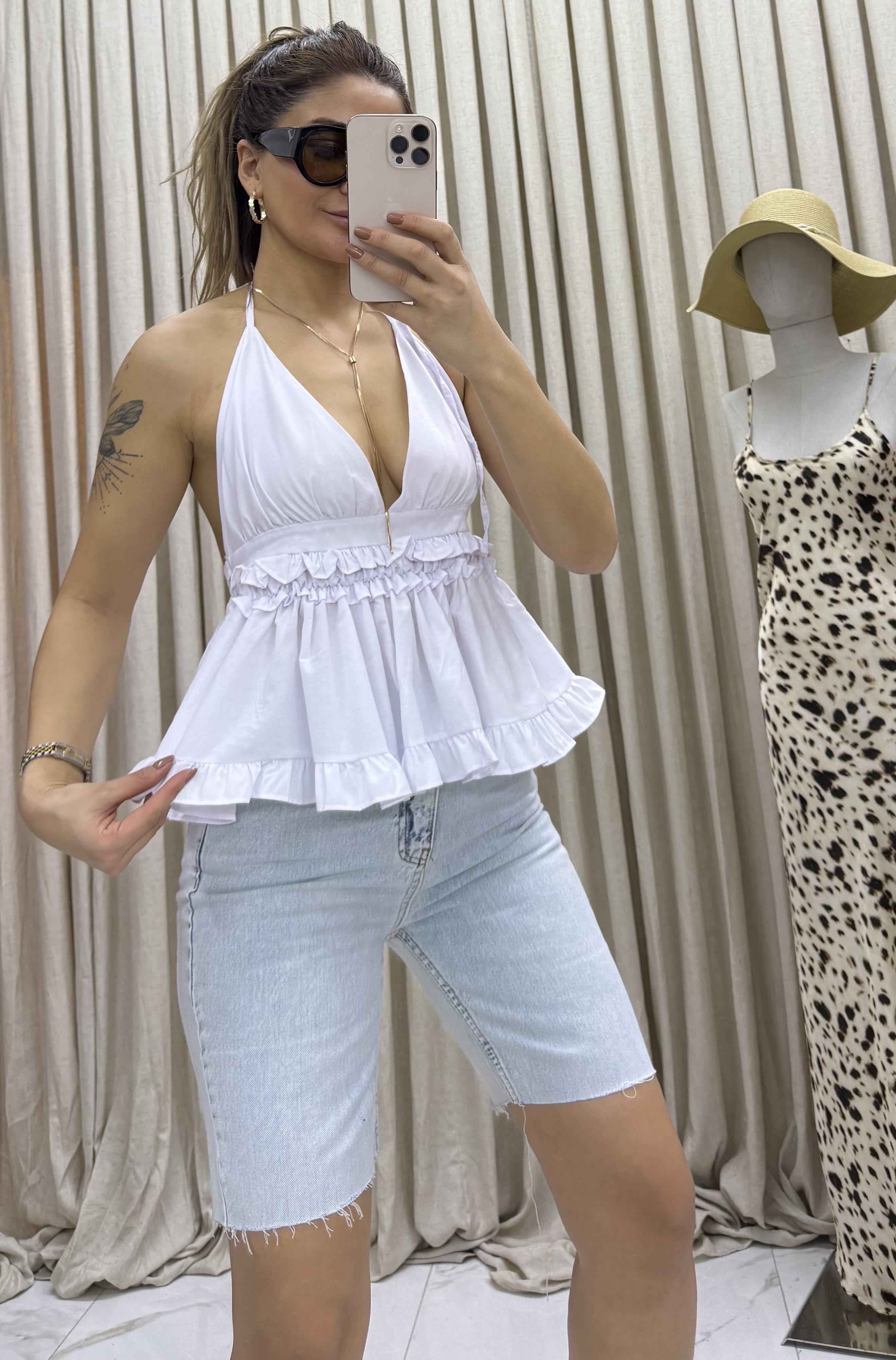 Sırt Detaylı Poplin Bluz-Beyaz