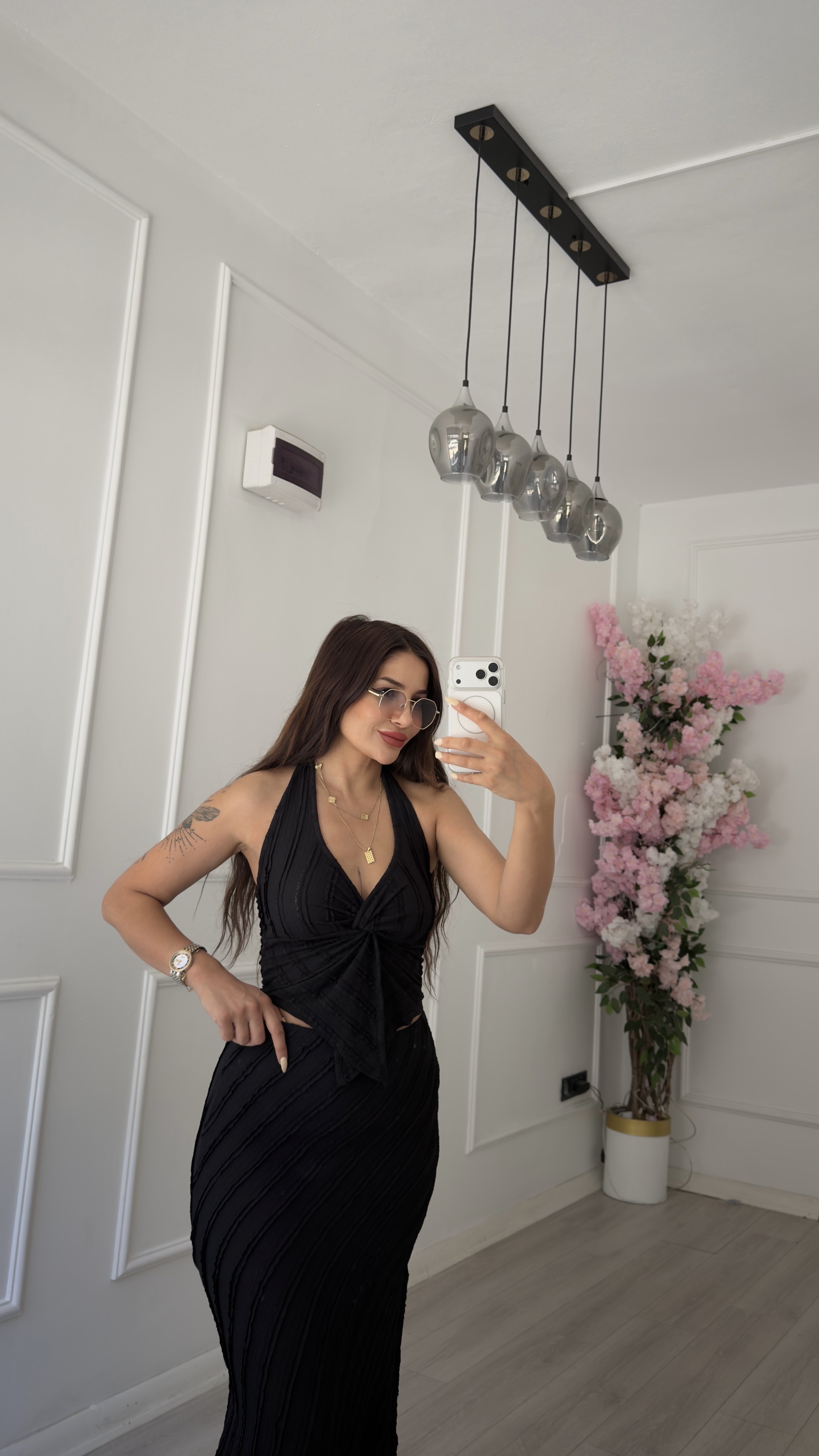 Siyah Halter Yaka Bluz Etek Takım